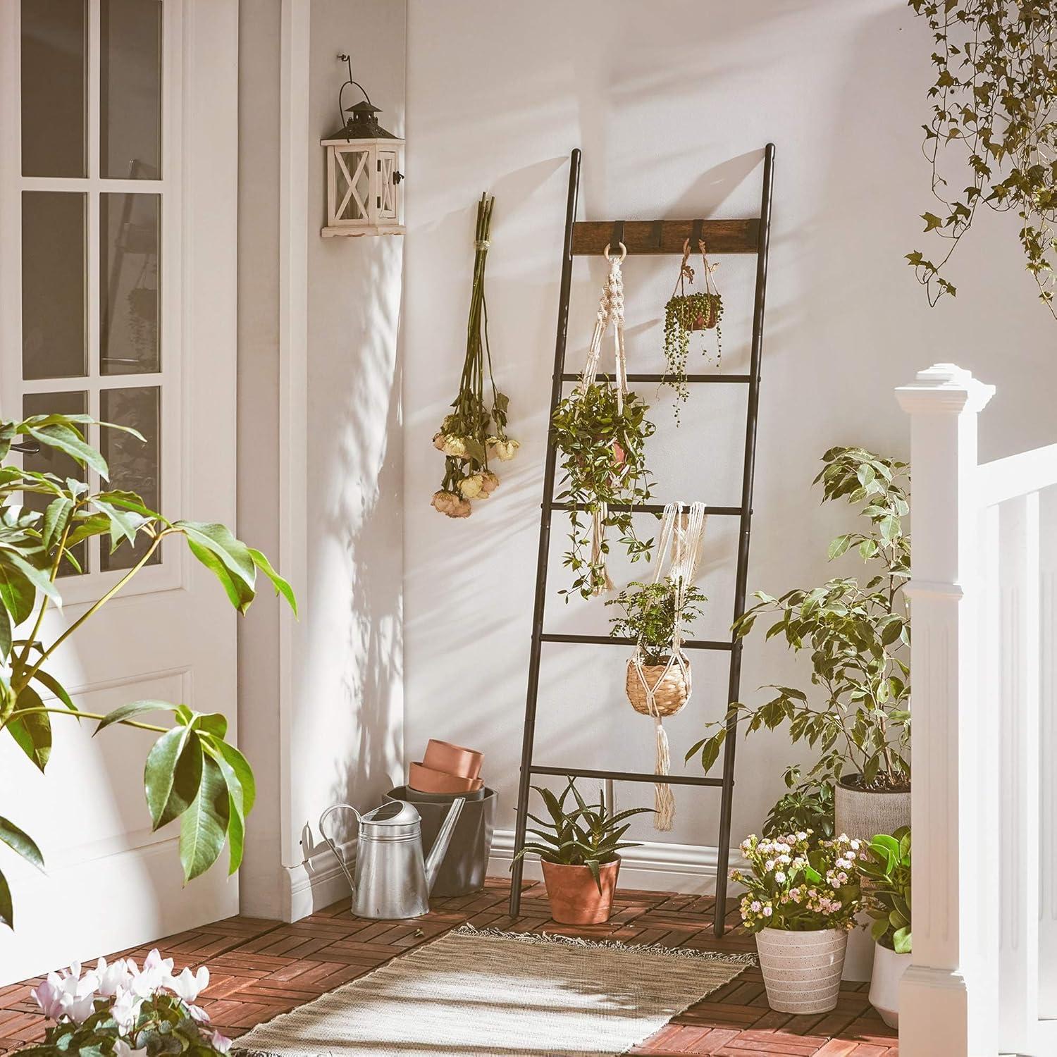 Rustic Brown and Black 5-Tier Ladder Shelf with Metal Frame