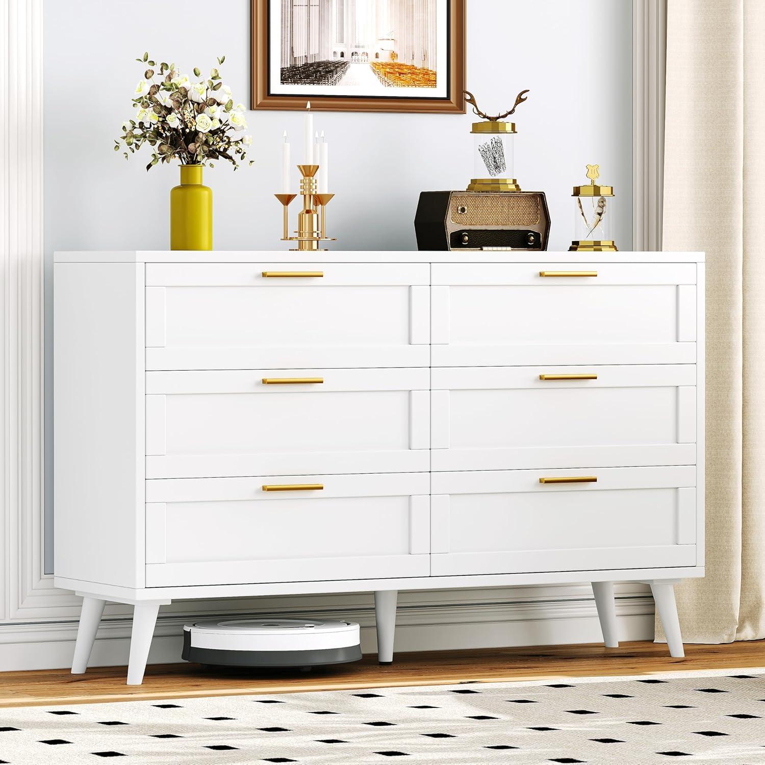 White Double Dresser with Golden Handles and Six Drawers