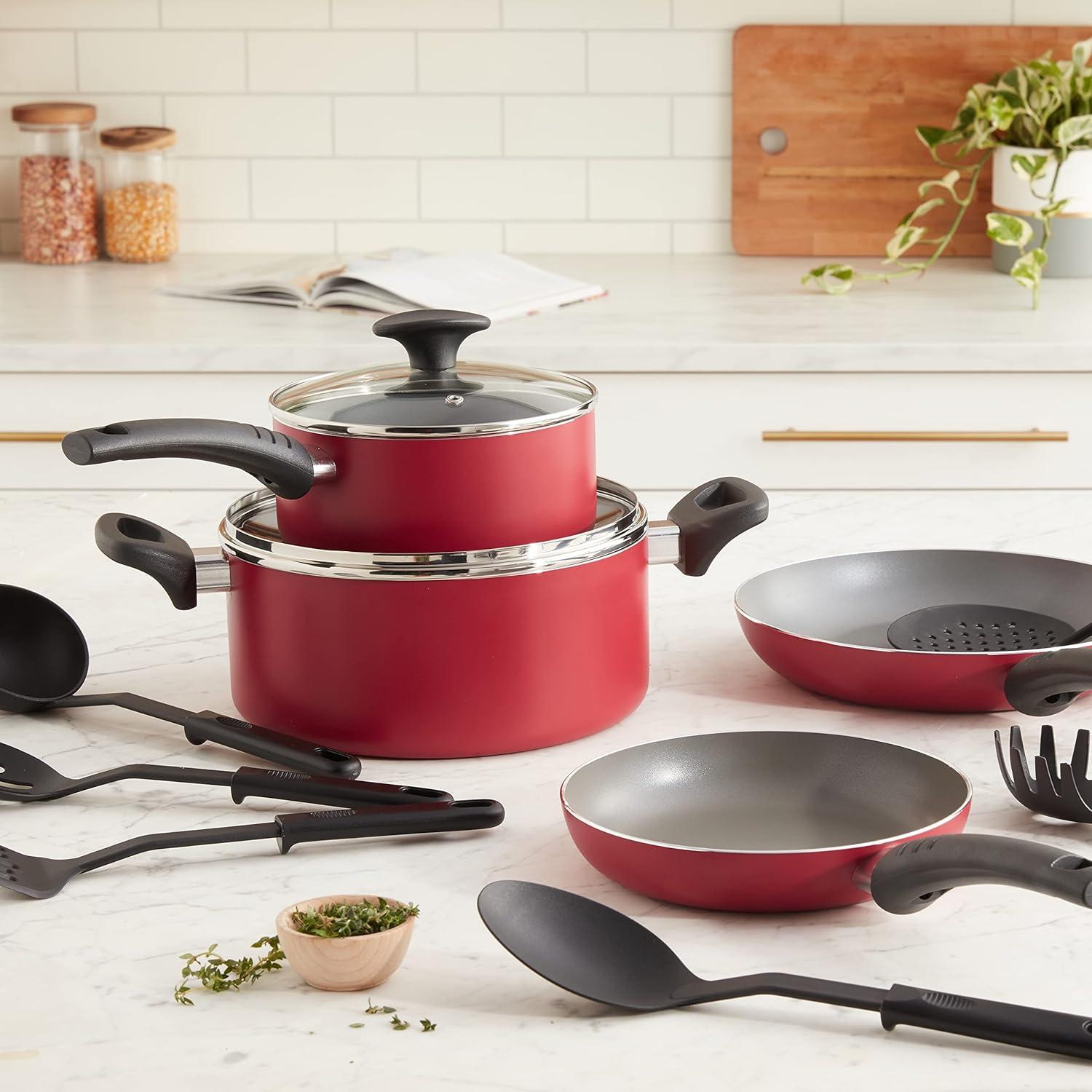 Red 12-Piece Nonstick Aluminum Cookware Set with Glass Lids