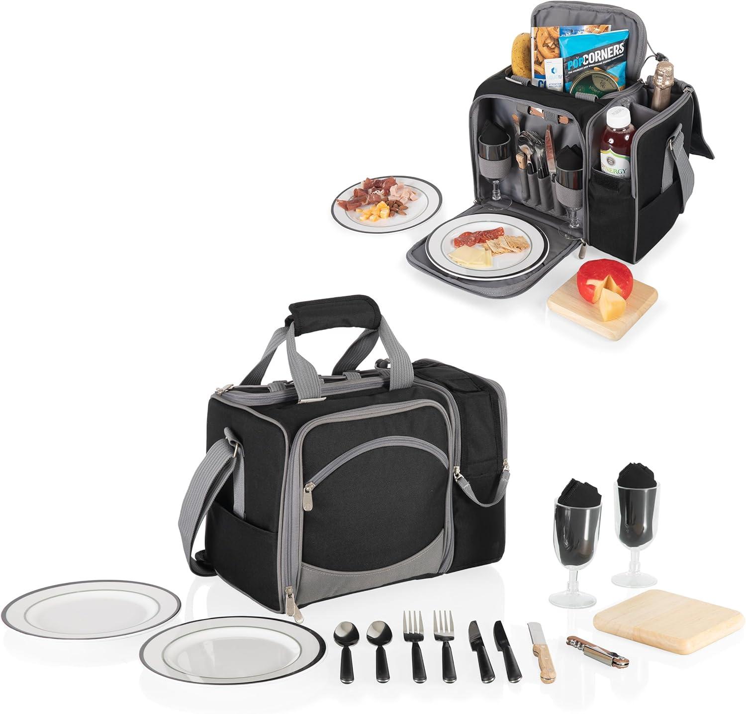 Black and Gray Insulated Picnic Tote with Picnic Set