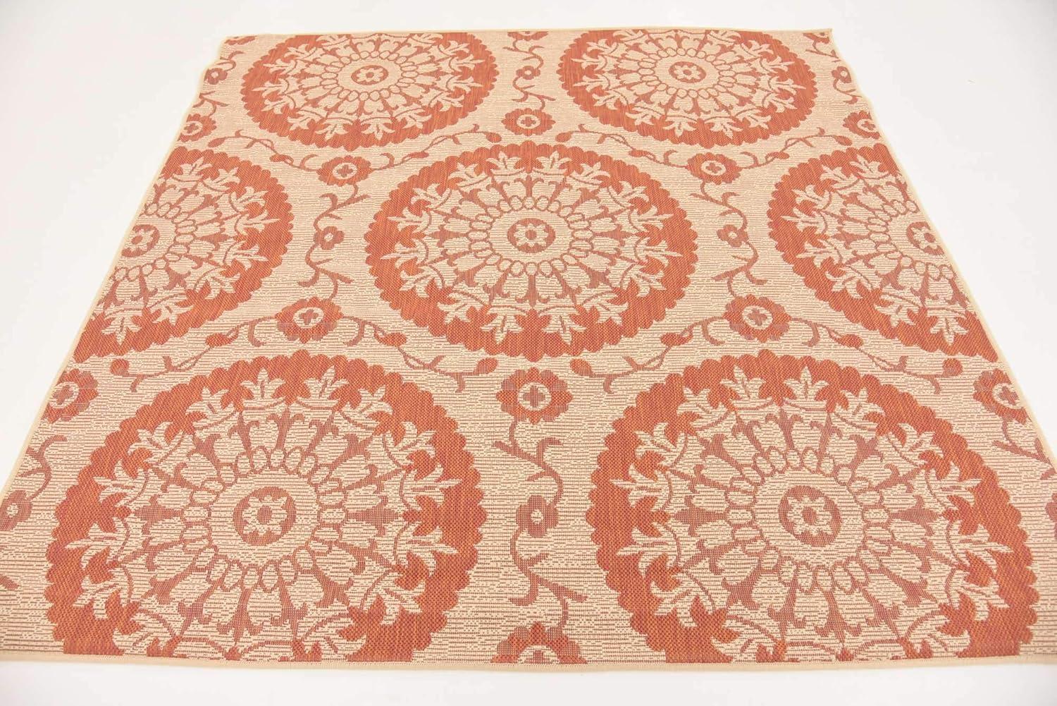 Unique Loom Alfombra de Área de Colección Botánica para Exteriores - Medallón (6' 1" Cuadrado Terracota/beige)