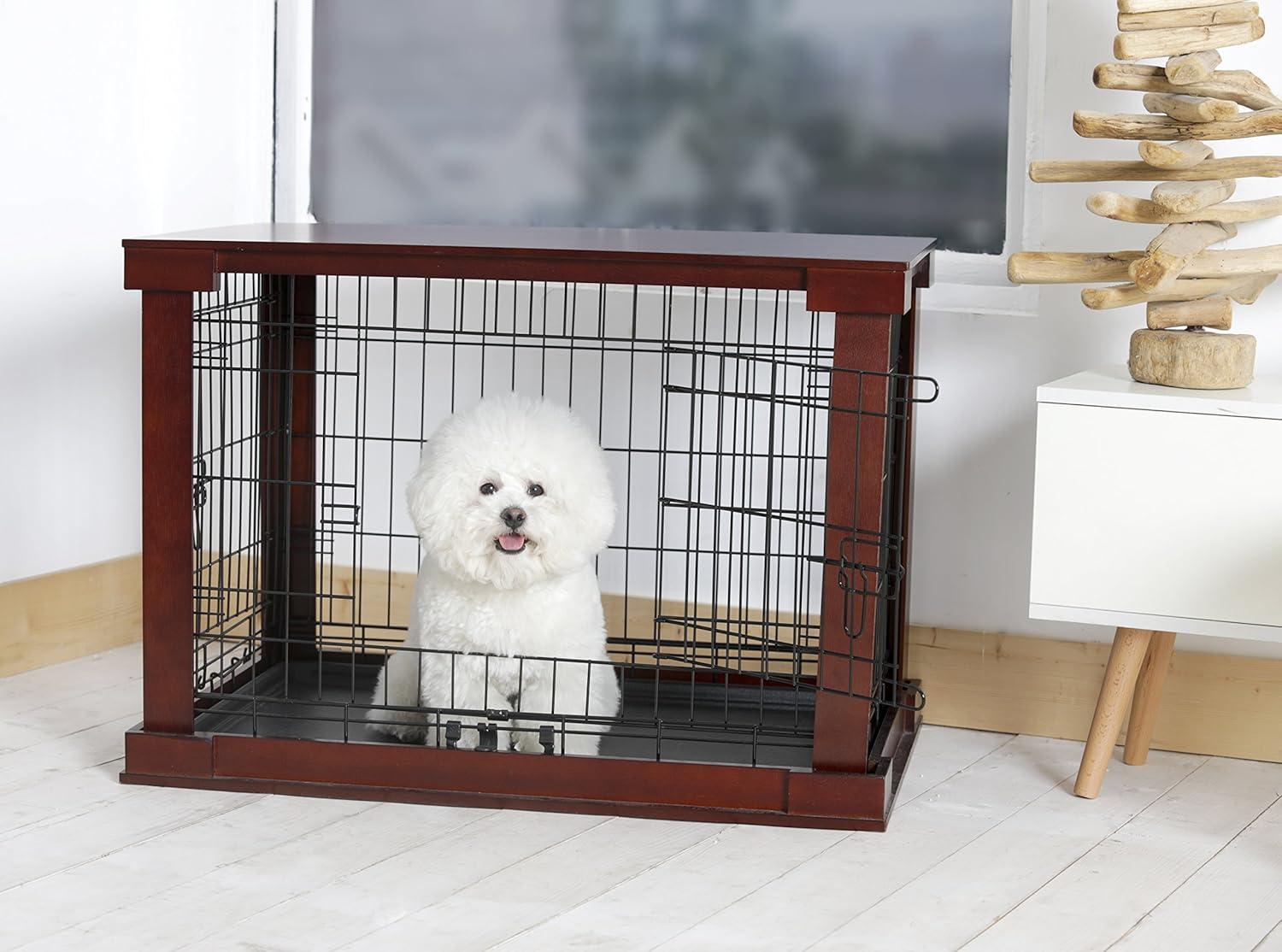 Merry Products 2 Door Decorative Pet Kennel with Wooden Protection Cover, Divider Insert, and Removable Tray End or Side Table, Large, Brown