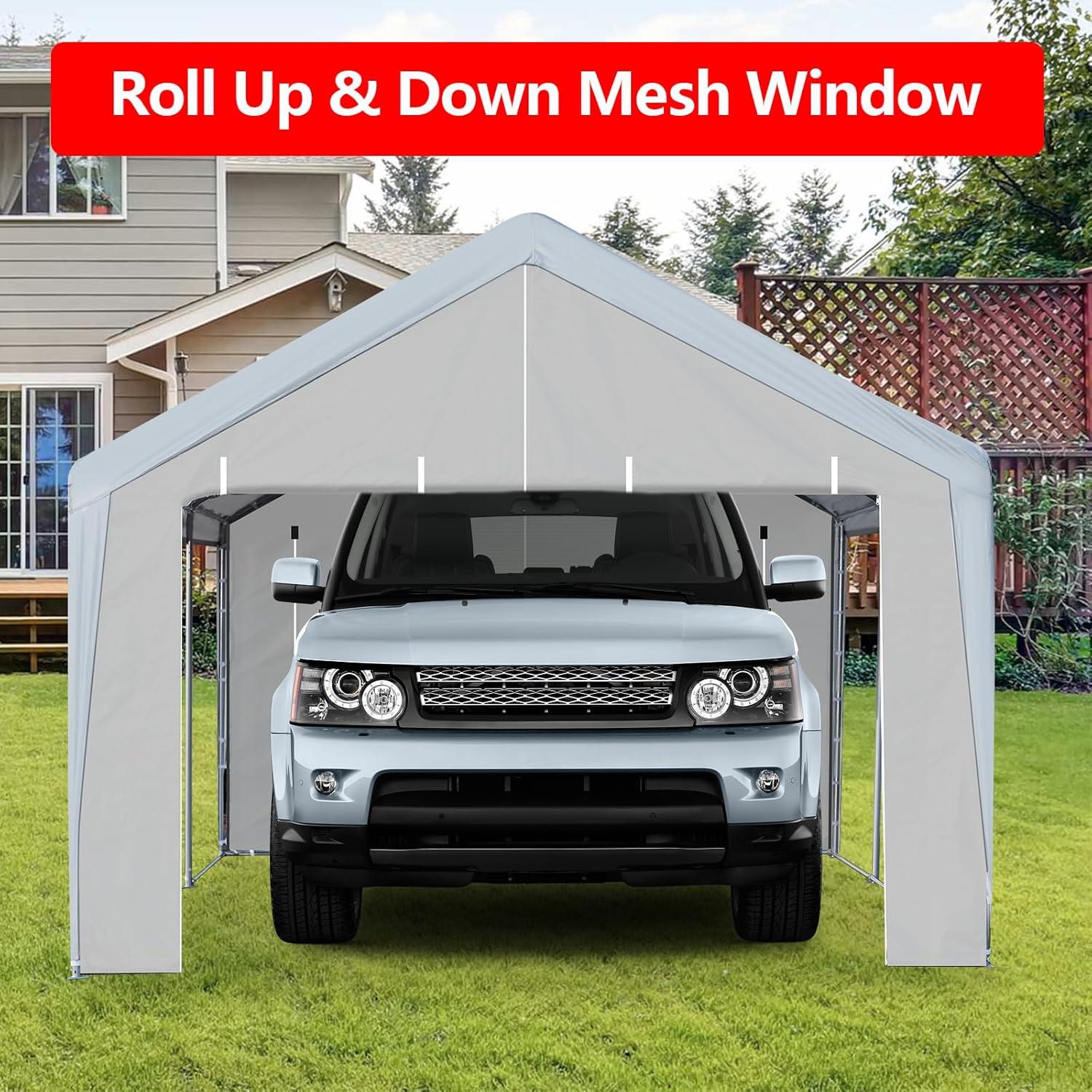 Aoile 10'x20' Heavy Duty Steel Carport, Outdoor Car Canopy Portable Garage with Removable Sidewalls & Zipper Doors