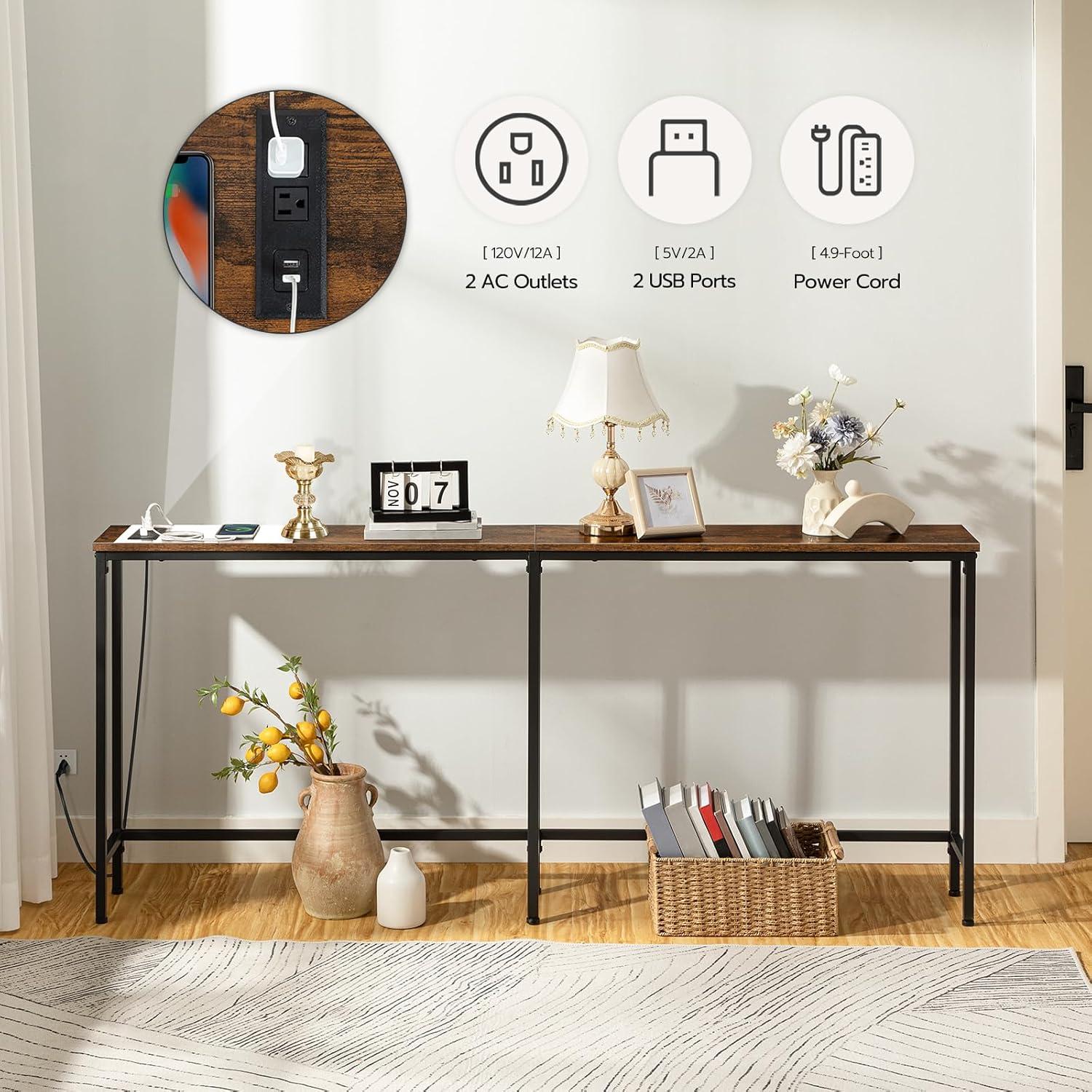 HOOBRO 70.9 Inches Console Table with 2 Power Outlets and 2 USB Ports, Extra Long Entryway Table with Charging Station, Narrow Sofa Table Behind Couch, Hallway, Living Room, Rustic Brown BF1801XG01G2