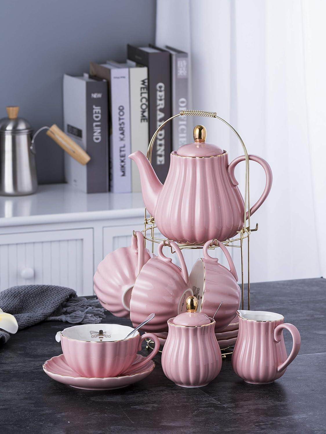 Pink Fine China Coffee and Tea Set with Stand, 17-Piece