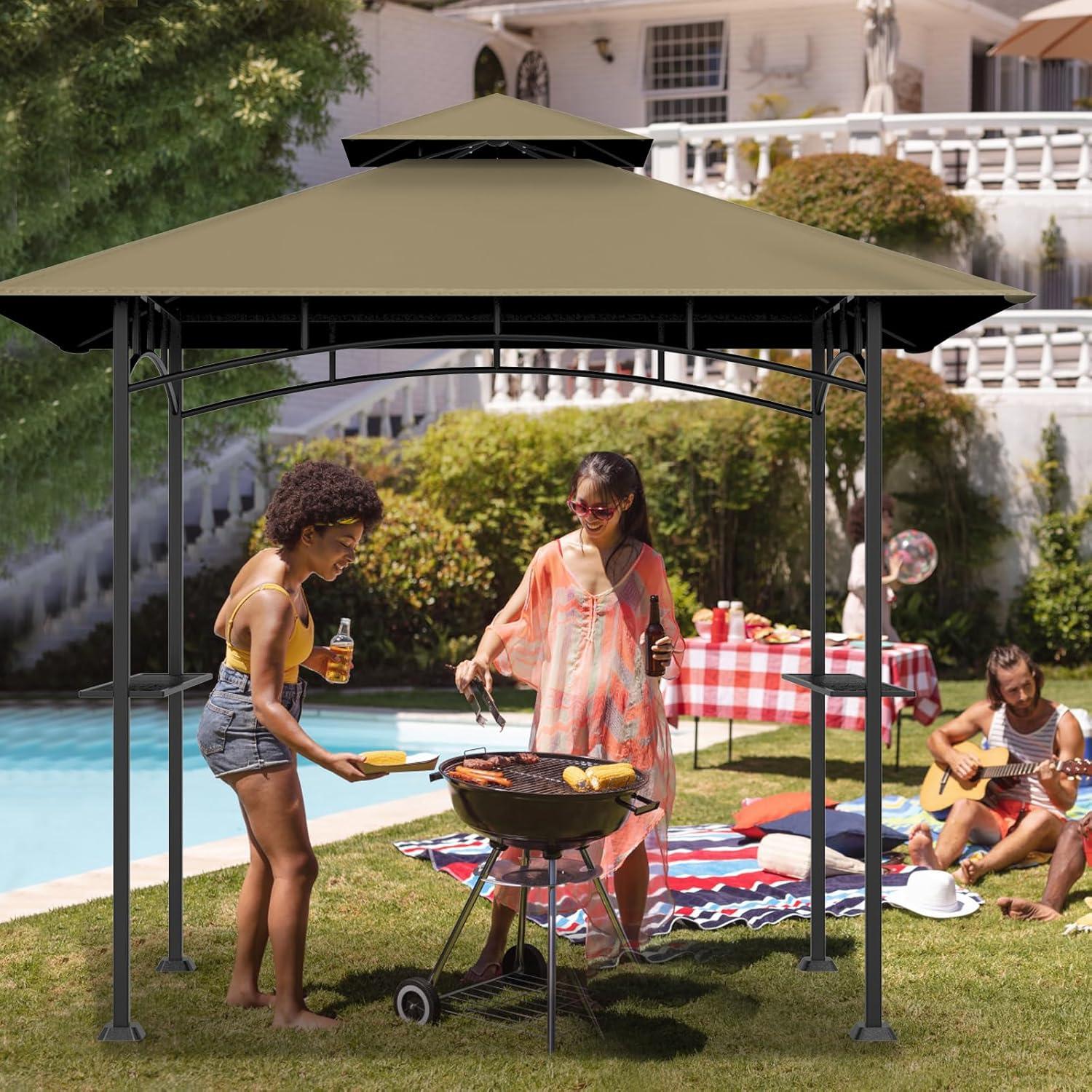 Khaki Polyester Double Tiered Grill Gazebo Canopy Top