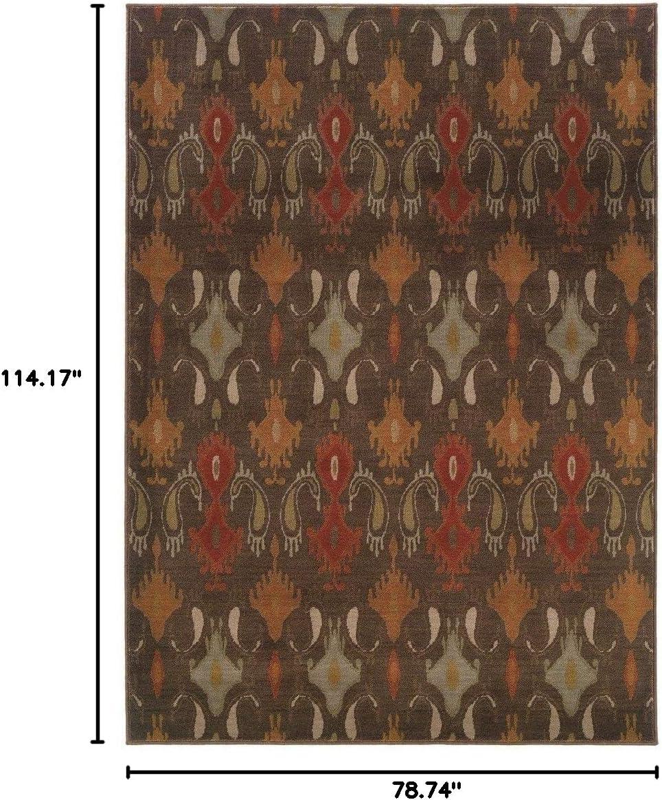 Ivory and Brown Ikat Print Synthetic Area Rug