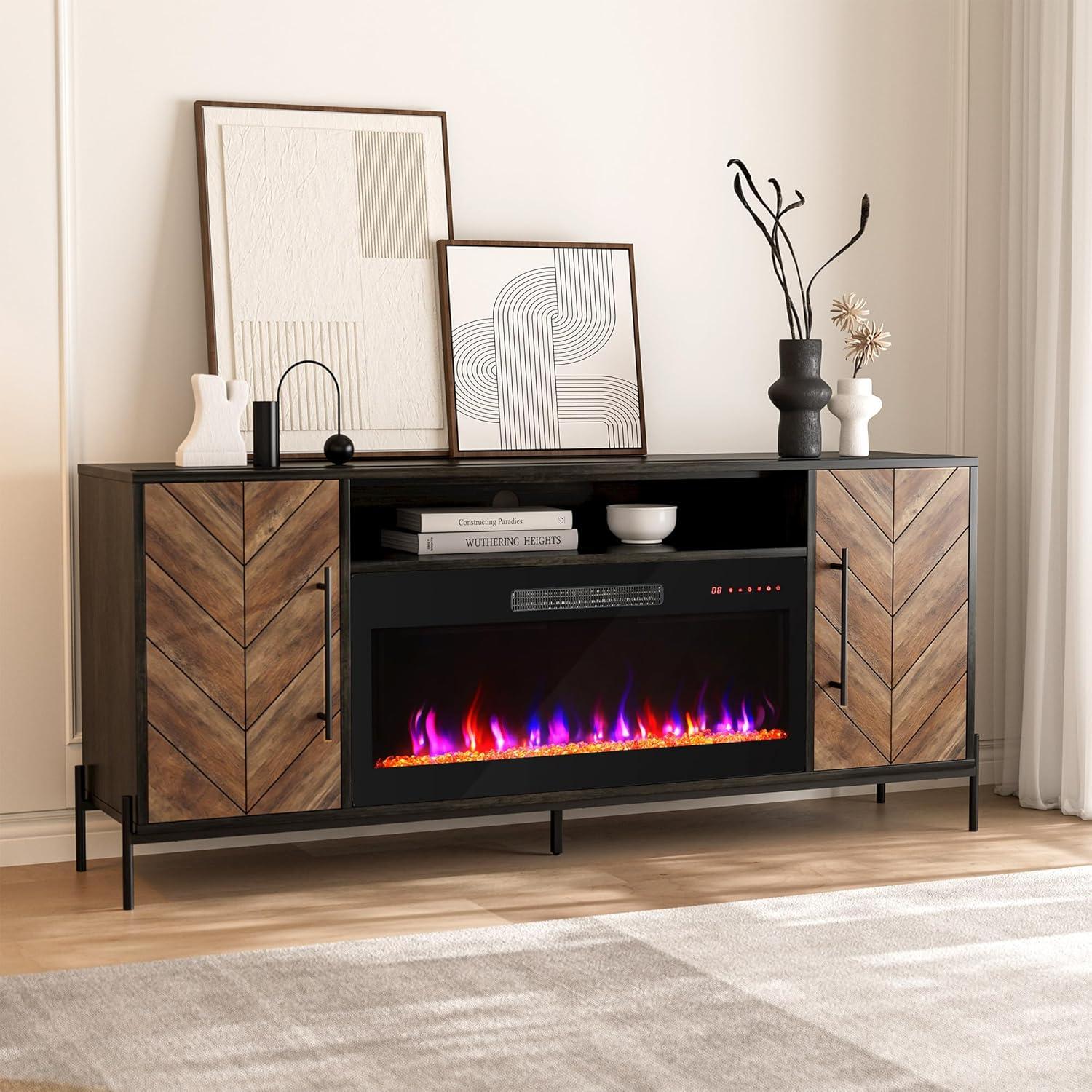 SHAORONG 68" TV Stand with 36" Electric Fireplace Heater, Entertainment Center with Storage Cabinet, Console Table for TVs up to 75" for Living Room, Bedroom - Harper (Black Ebony)
