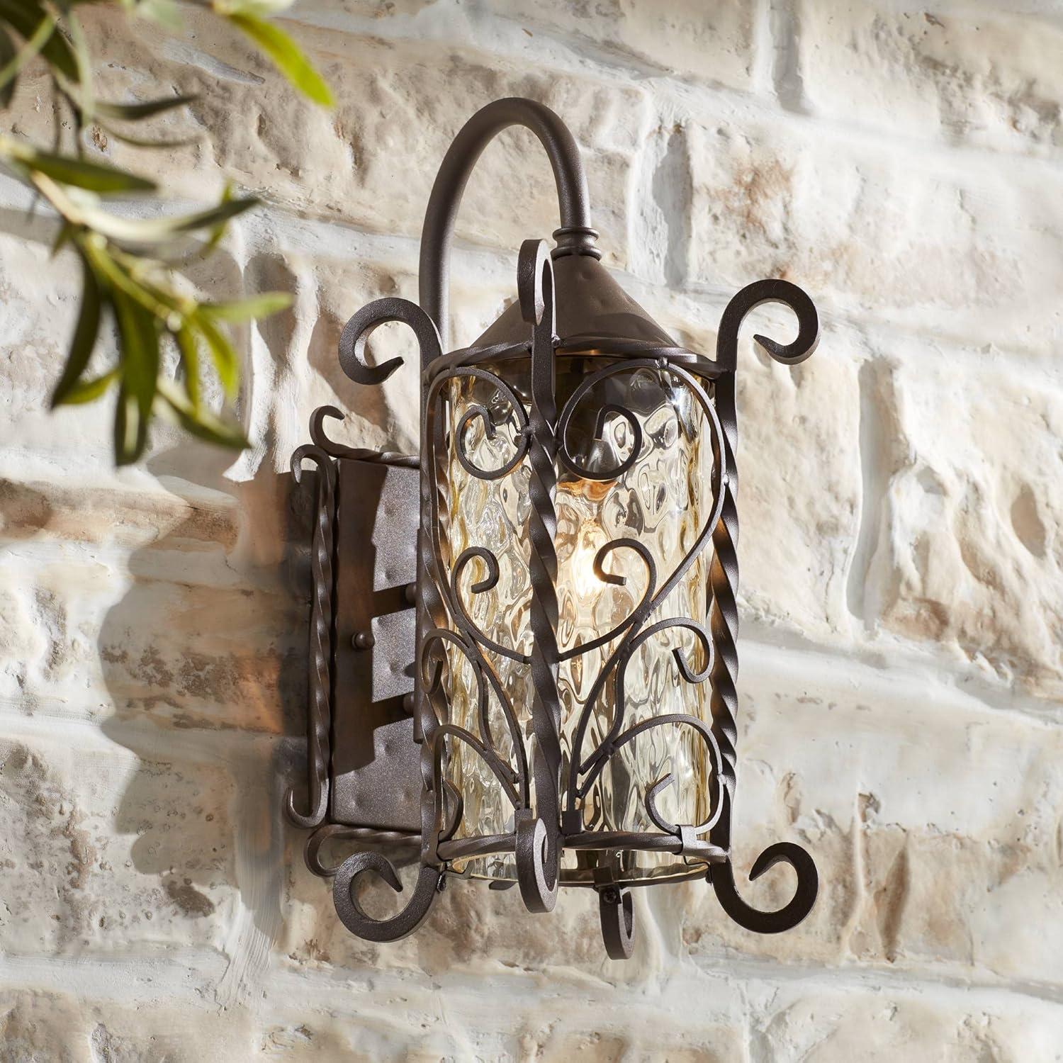 Casa Seville Dark Walnut 30" Iron Scroll Outdoor Wall Light with Champagne Glass