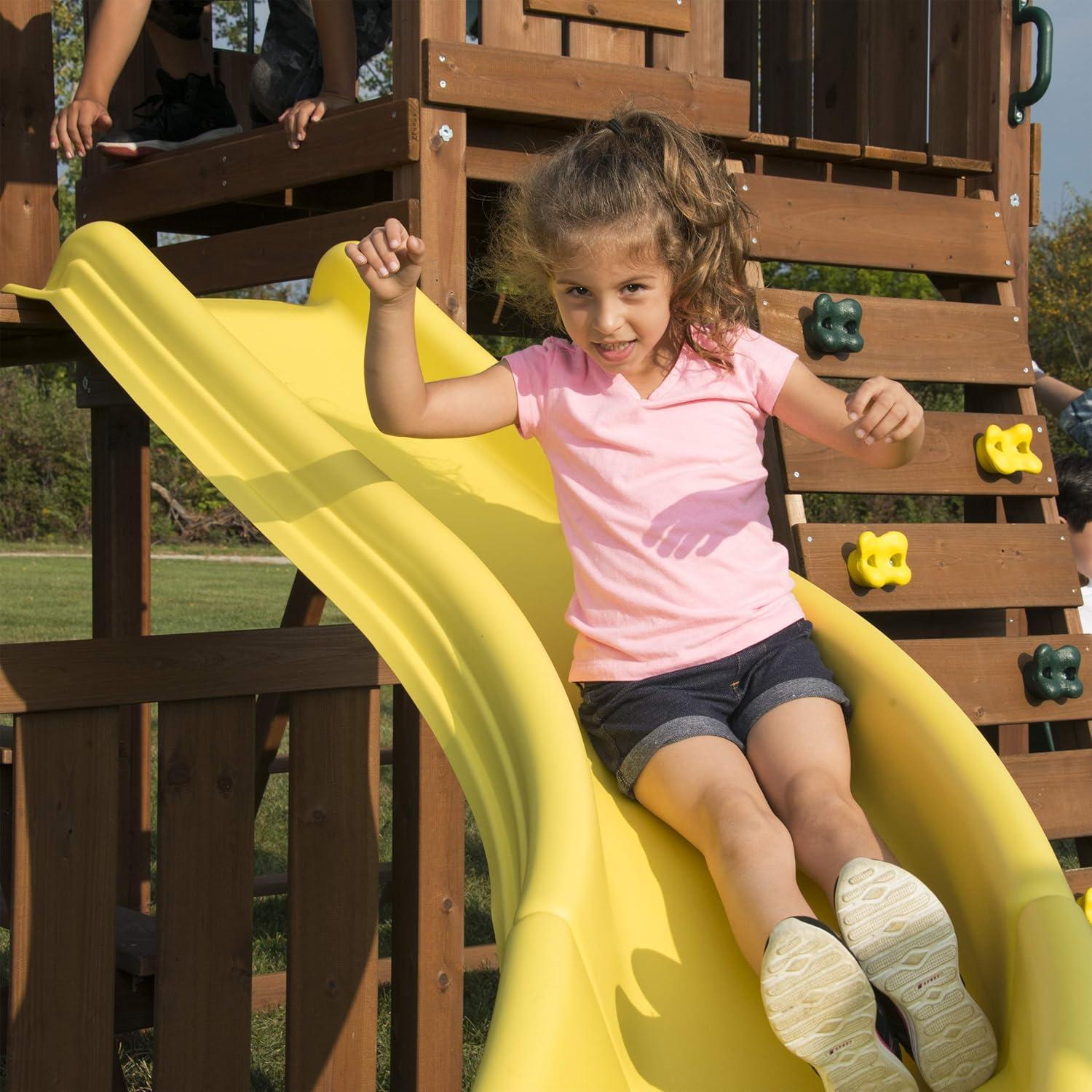 Swing-N-Slide Castlebrook Wooden Backyard Swing Set with Wave Slide, Curved Slide, Climbing Wall, and Swings