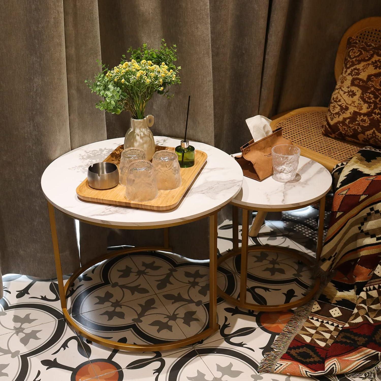 White Marble and Gold Round Nesting Coffee Table Set