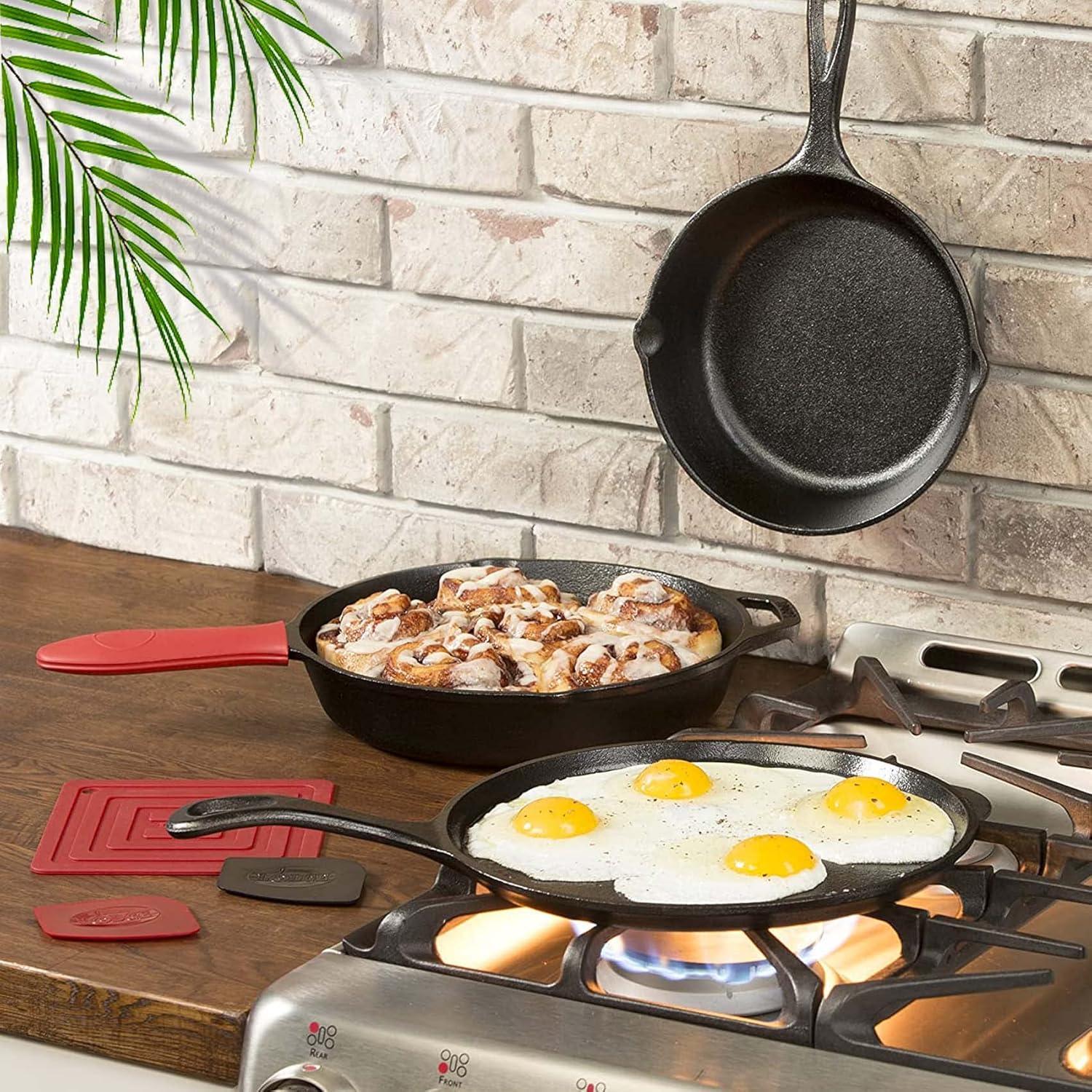 Pre-Seasoned Cast Iron Skillet Set of 3 | 6", 8" & 10" Cast Iron Frying Pans with 3 Heat-Resistant Holders - Indoor and Outdoor Use - Oven Grill Stovetop Induction Safe Cookware