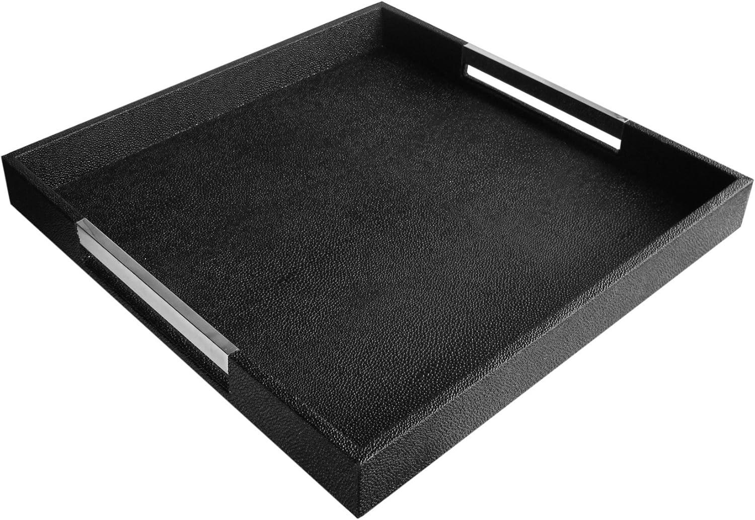 Black and Silver Faux Leather Square Serving Tray with Handles