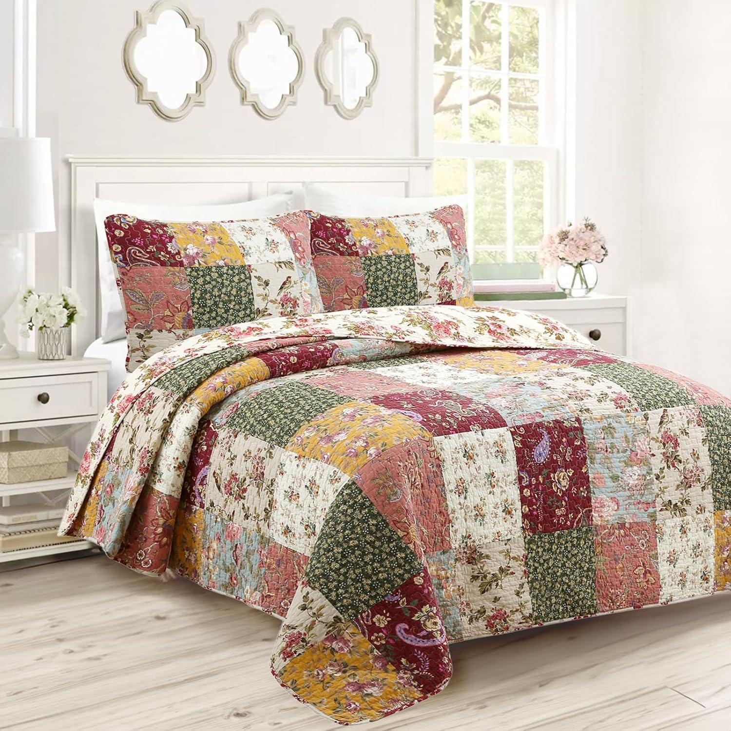 Country Vintage Farmhouse Multicolor Floral Paisley Patchwork Cotton Queen 3 Piece Quilt Bedding Set