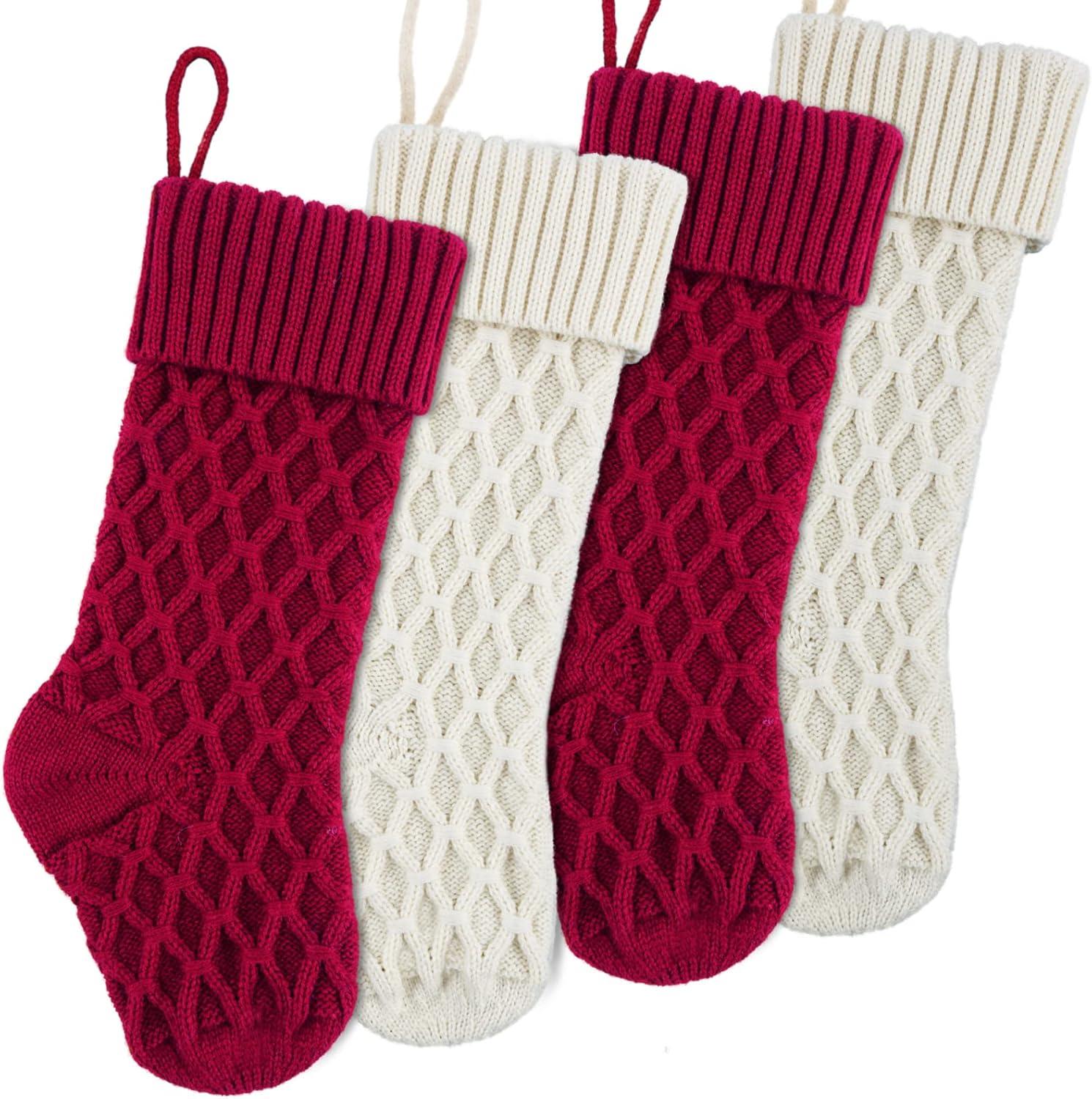 Burgundy and Cream Cable Knitted Christmas Stockings, 18 Inches, Set of 4