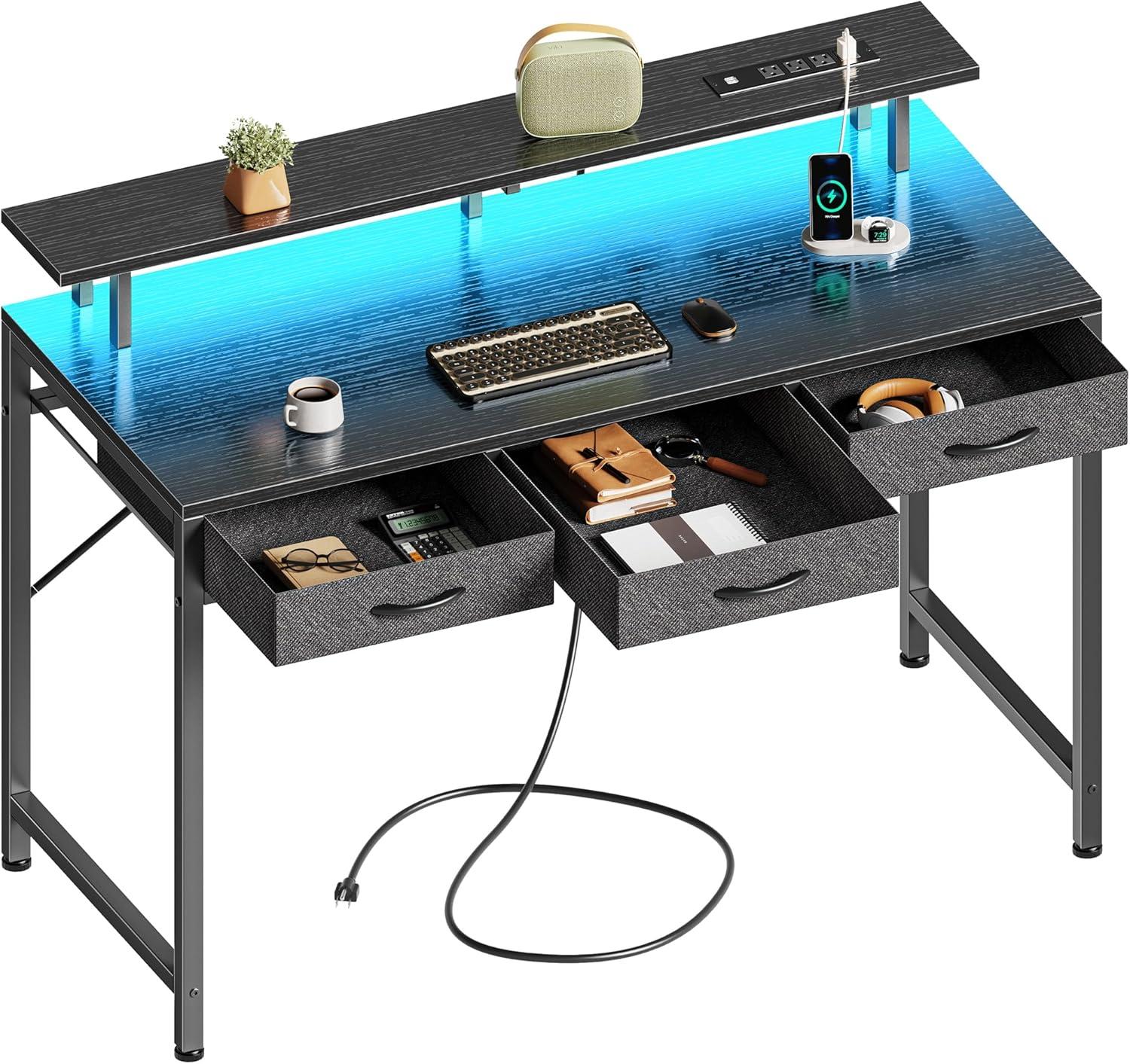 Computer Desk With 3 Drawers, Office Desk Gaming Desk With LED Lights & Power Outlets, Home Office Desks With Storage Space For Bedroom, Work From Home, (47 Inch )