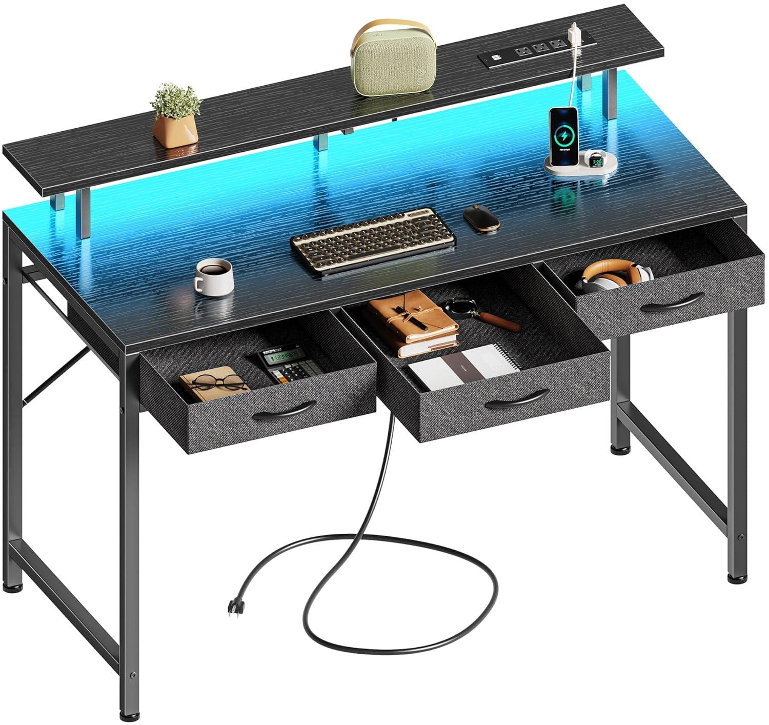 Computer Desk With 3 Drawers, Office Desk Gaming Desk With LED Lights & Power Outlets, Home Office Desks With Storage Space For Bedroom, Work From Home, (47 Inch )