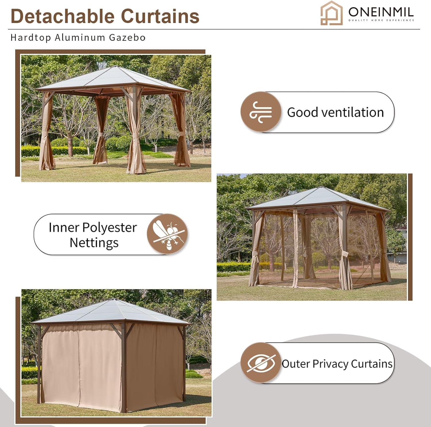 JolyDale 10 ft. x 10 ft. Patio Hardtop Gazebo, Outdoor Aluminum Frame Canopy with Netting and Curtain for Garden, Patio, Lawns, Brown