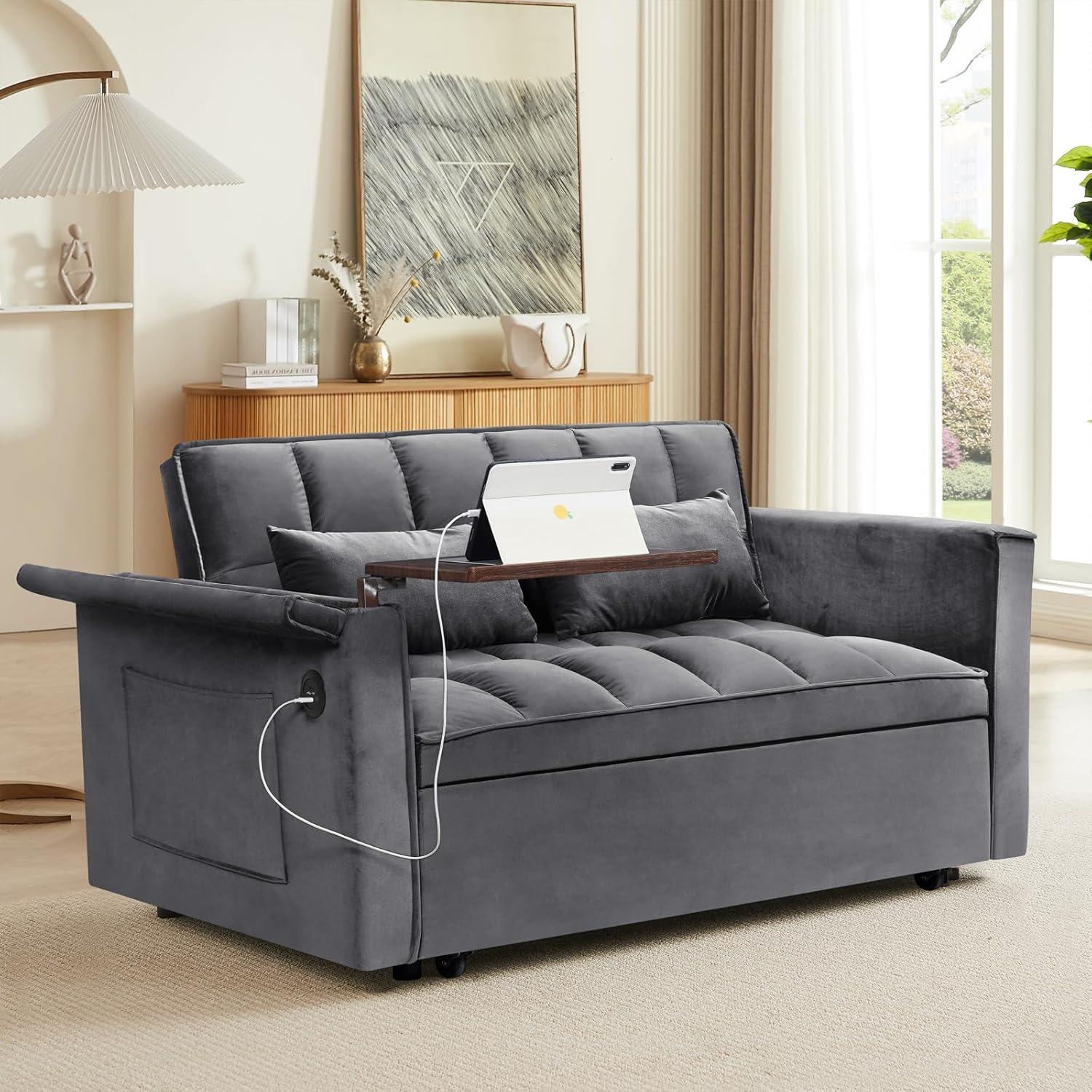 Convertible Sofa Bed,3-in-1 Velvet Sleeper Couch Pull-Out Bed,55'' Loveseat Sleeper Sofa Bed with Adjustable Backrest with Pillows and Storage Bag & USB Port and Hidden Side Computer Table,Dark Gray