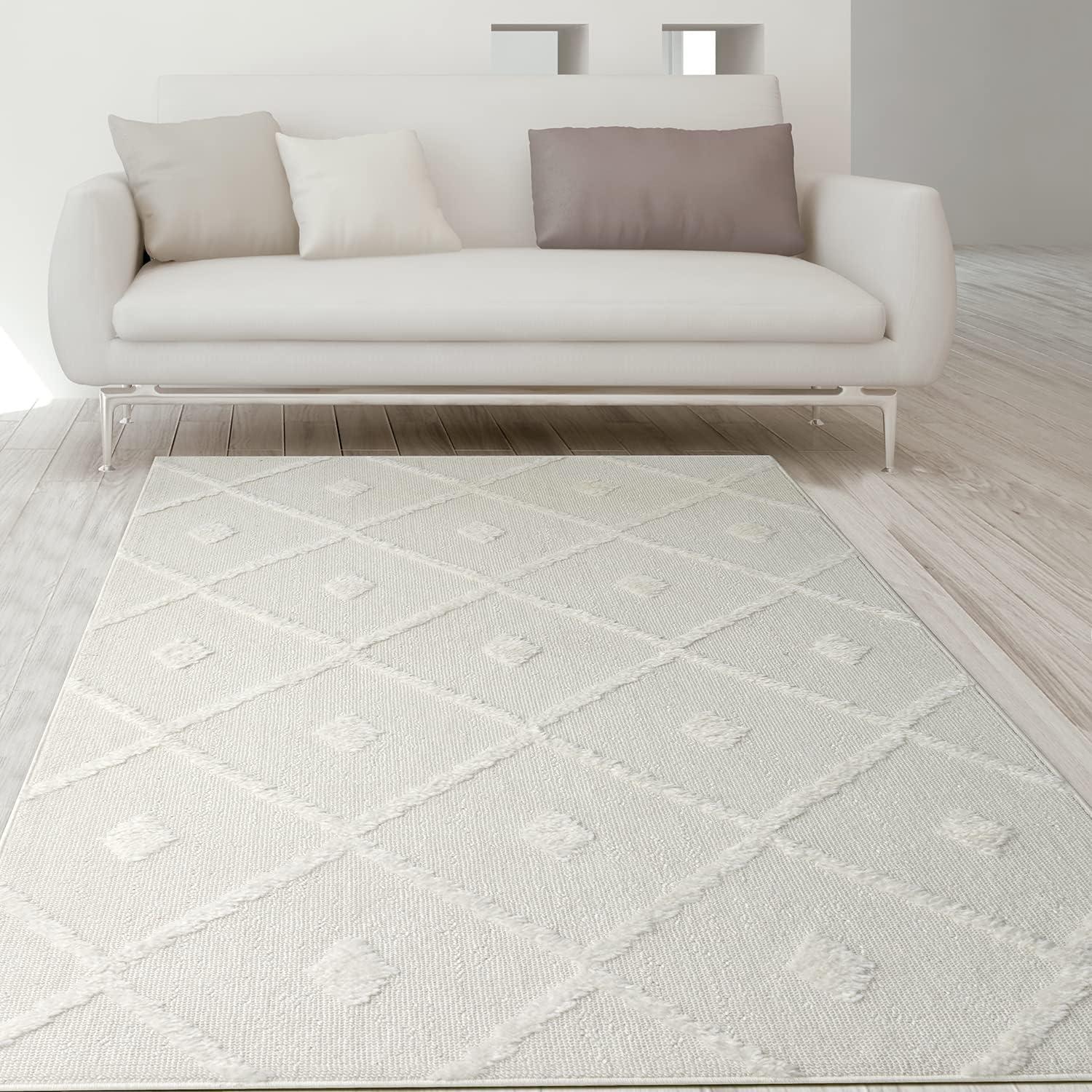 White Geometric Shag 5' x 7' Synthetic Area Rug