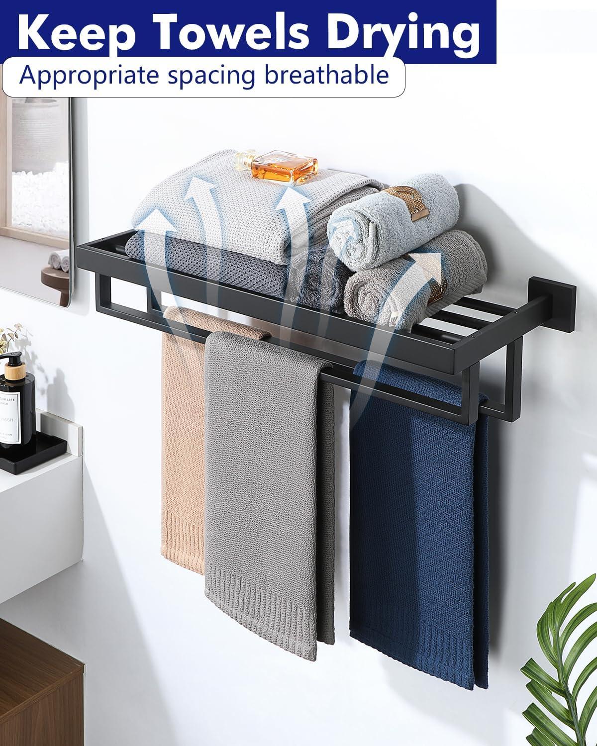 Alise Towel Rack with Double Towel Bar, 24 Inch Towel Racks for Bathroom, Modern Towel Holder for Bathroom Wall, SUS304 Stainless Steel Towel Shelf, Matte Black