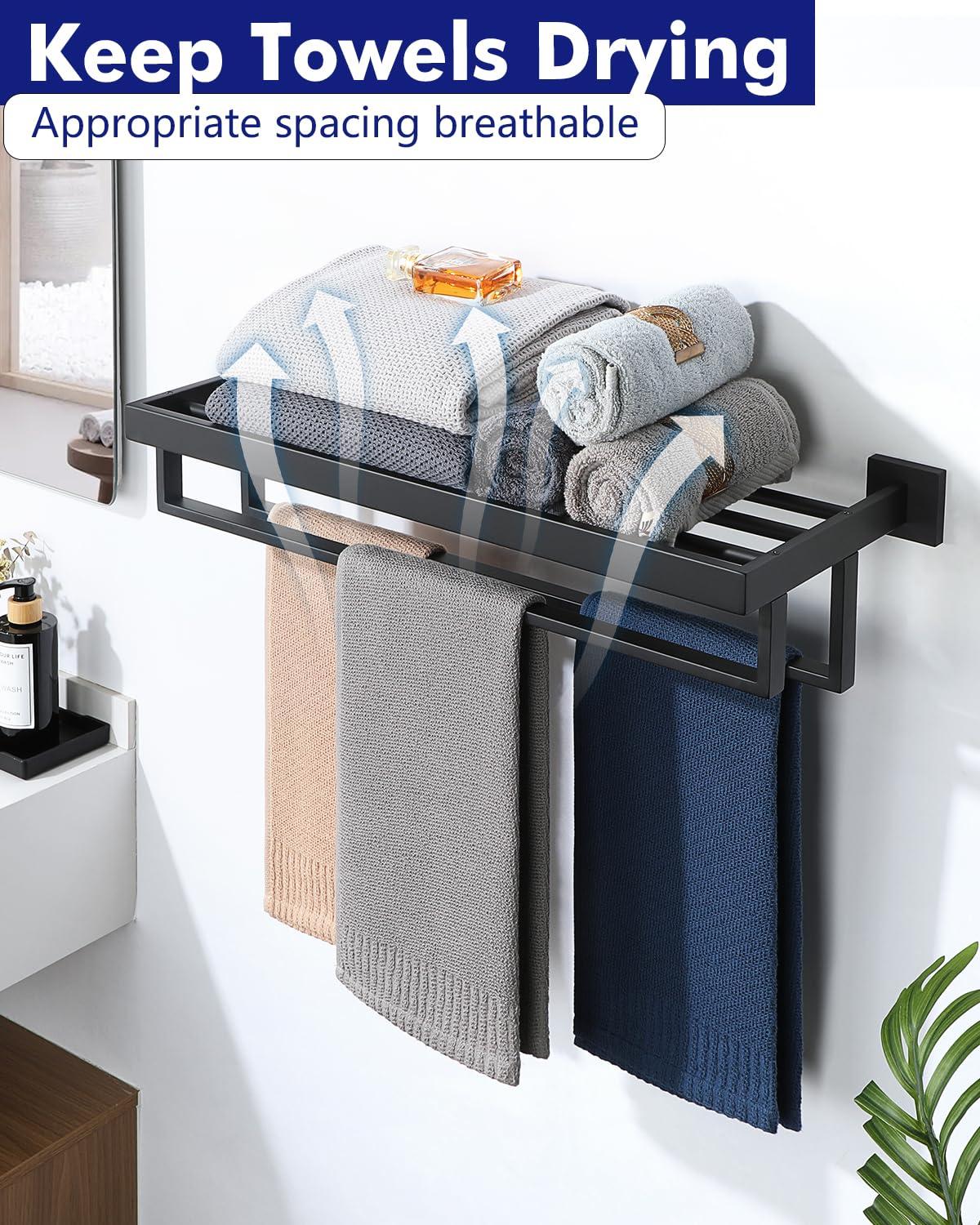 Alise Towel Rack with Double Towel Bar, 24 Inch Towel Racks for Bathroom, Modern Towel Holder for Bathroom Wall, SUS304 Stainless Steel Towel Shelf, Matte Black