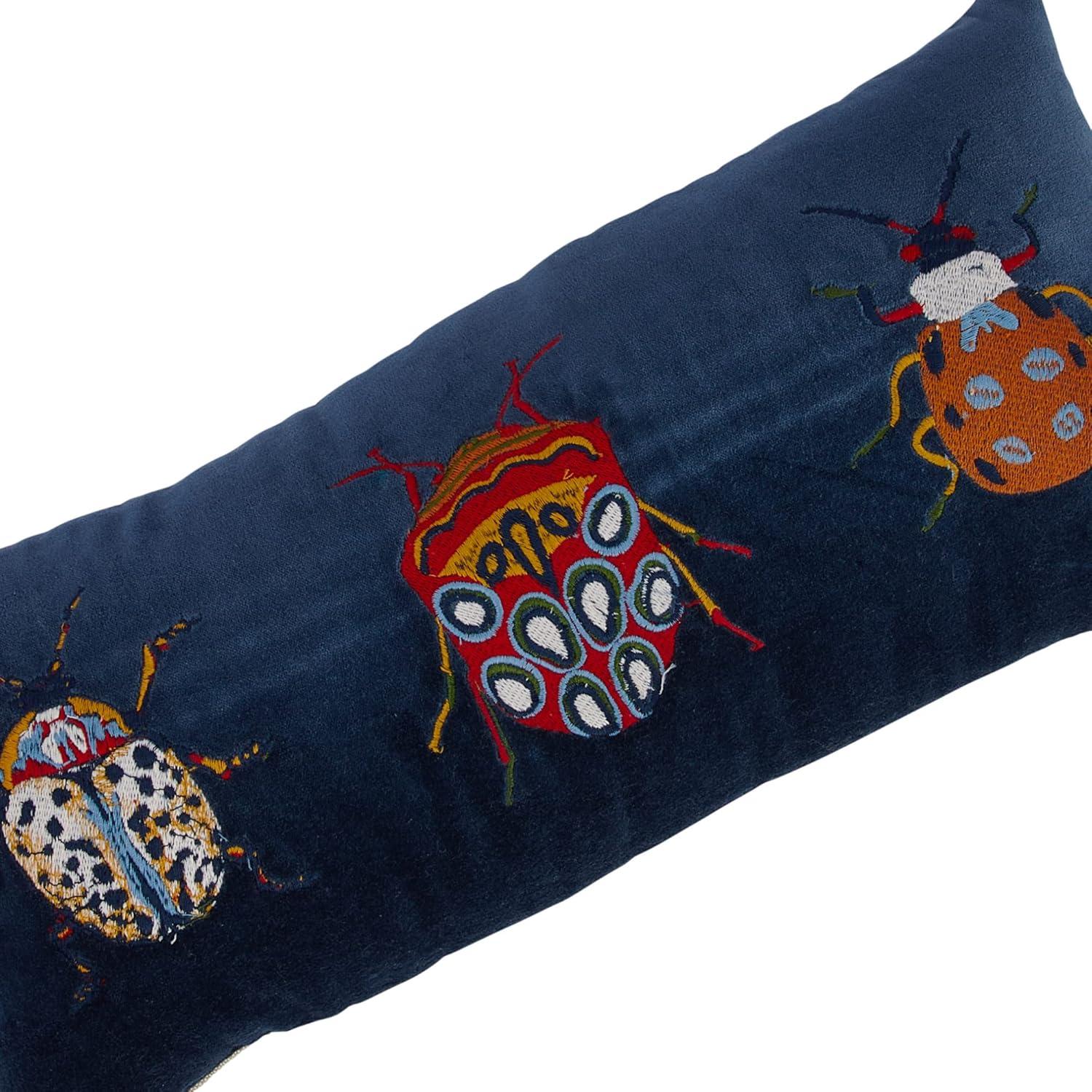 Creative Co-Op Cotton Velvet Embroidered Lumbar Pillow with Beetles and Chambray Back, Multicolor