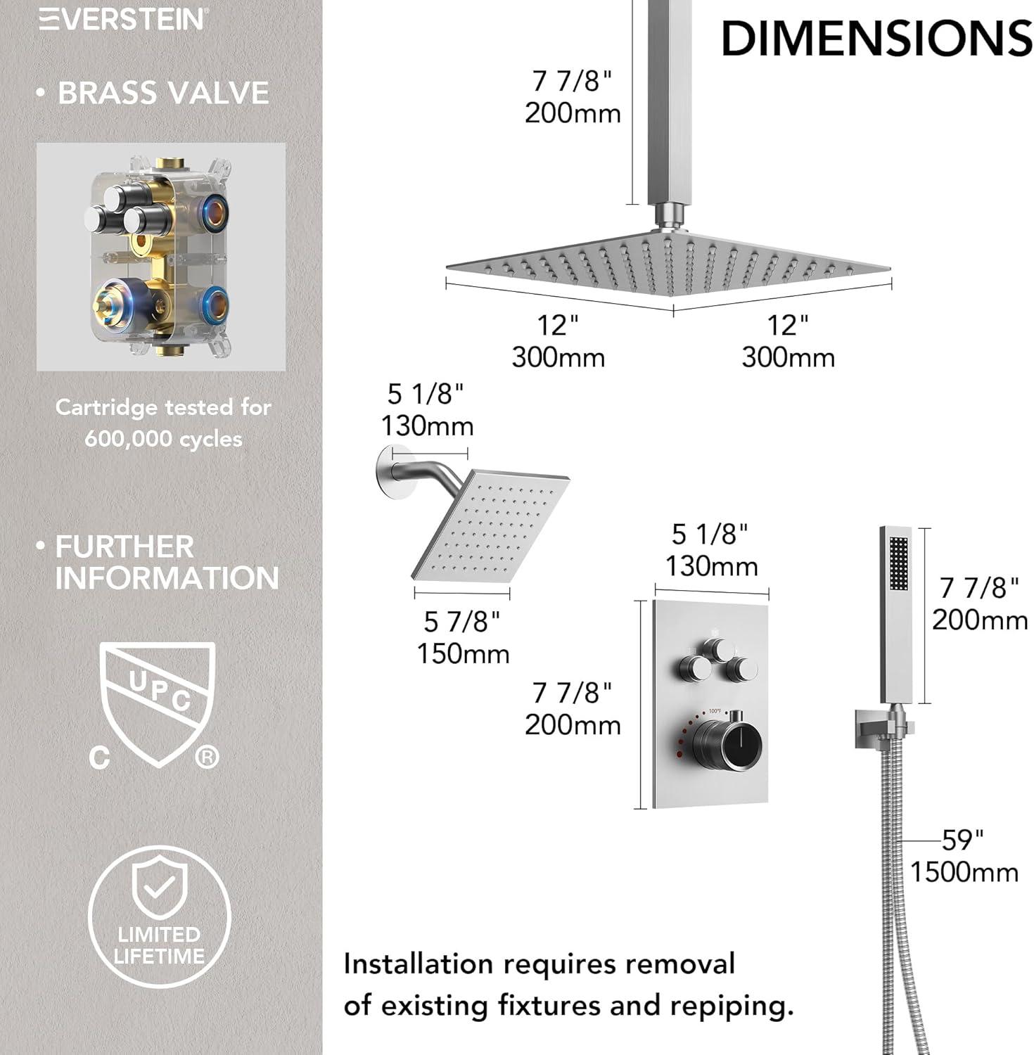 EVERSTEIN Thermostatic Rainfall Shower Faucet, 12-Inch High-Pressure Dual Showerheads System with Rough-In Valve SFS1007-NK12