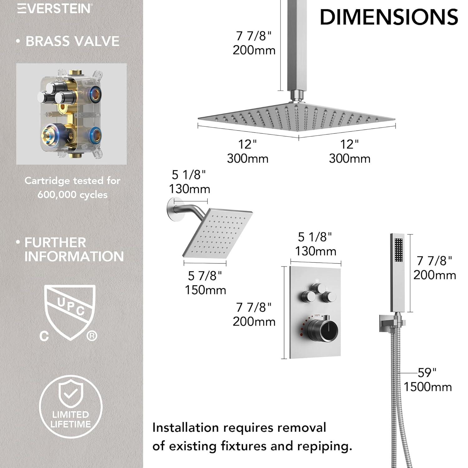 EVERSTEIN Thermostatic Rainfall Shower Faucet, 12-Inch High-Pressure Dual Showerheads System with Rough-In Valve SFS1007-NK12