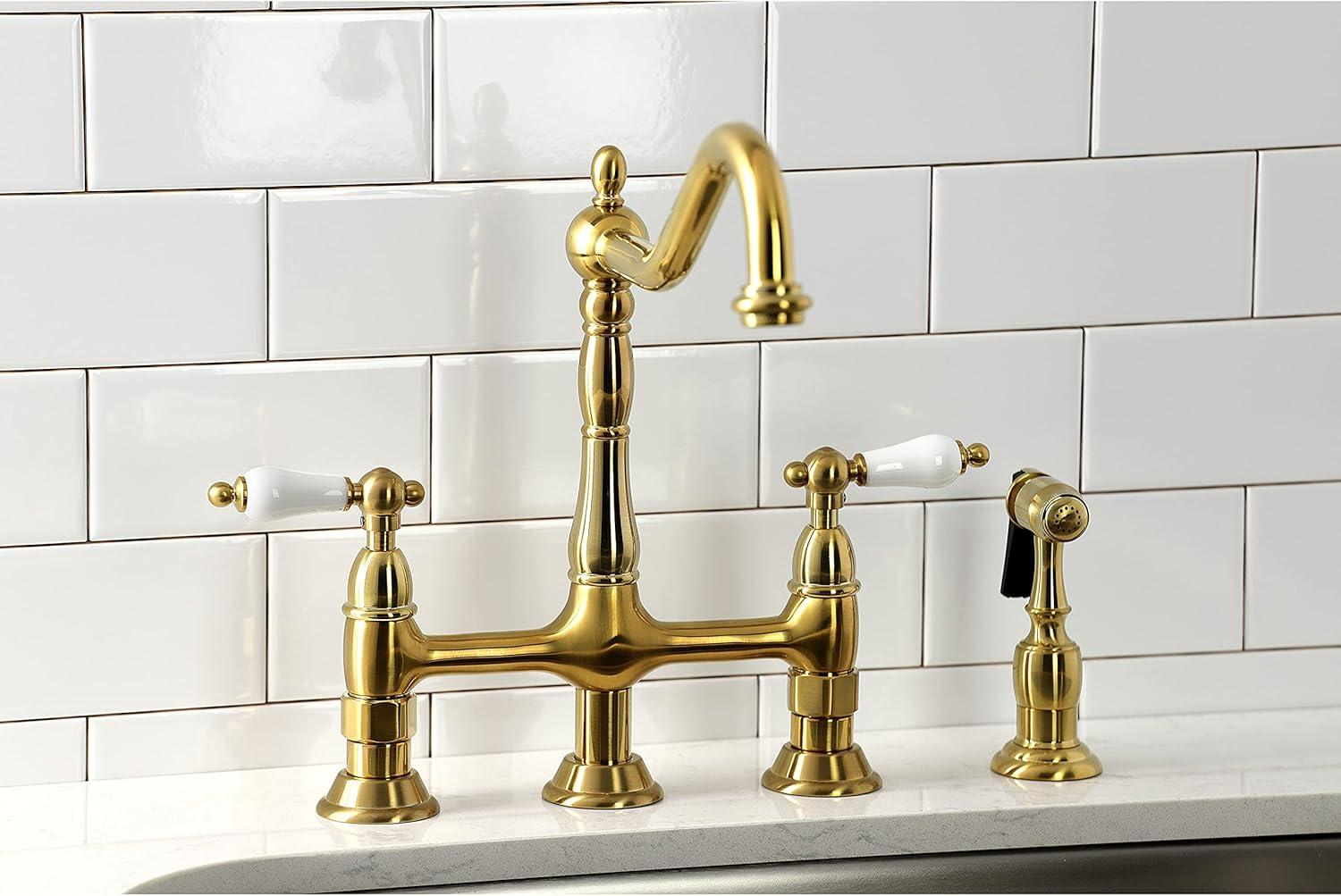 Kingston Brass Heritage Two-Handle 4-Hole Deck Mount Bridge Kitchen Faucet with Brass Side Sprayer