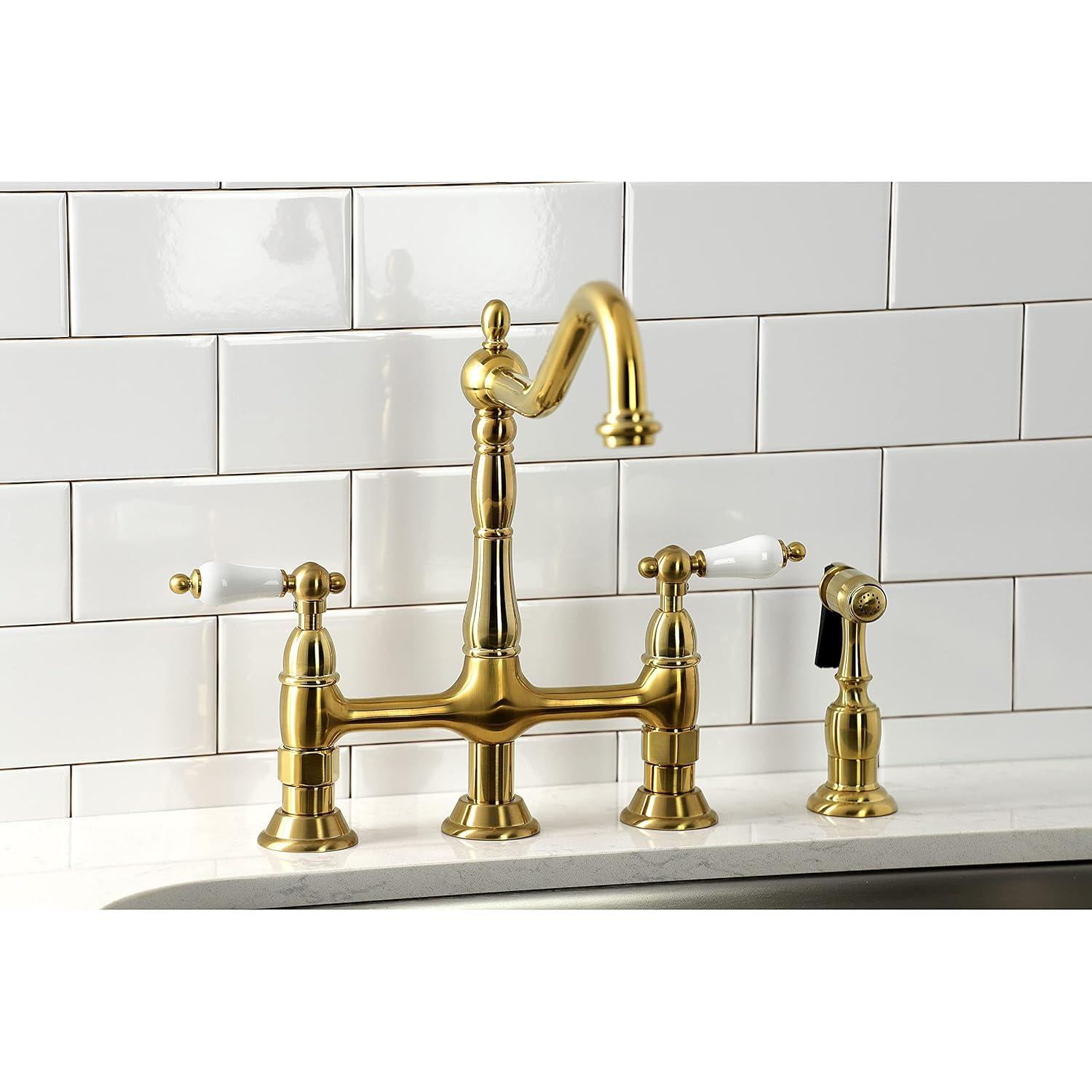 Kingston Brass Heritage Two-Handle 4-Hole Deck Mount Bridge Kitchen Faucet with Brass Side Sprayer