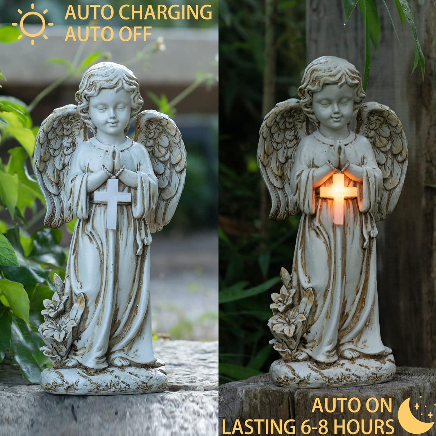 Angel Statue for Garden, Solar Angel for Cemetery Decorations, Garden Memorial Angel, Resin Praying Angel Figurine for Patio Lawn Yard Porch Decorations, 12.12inch