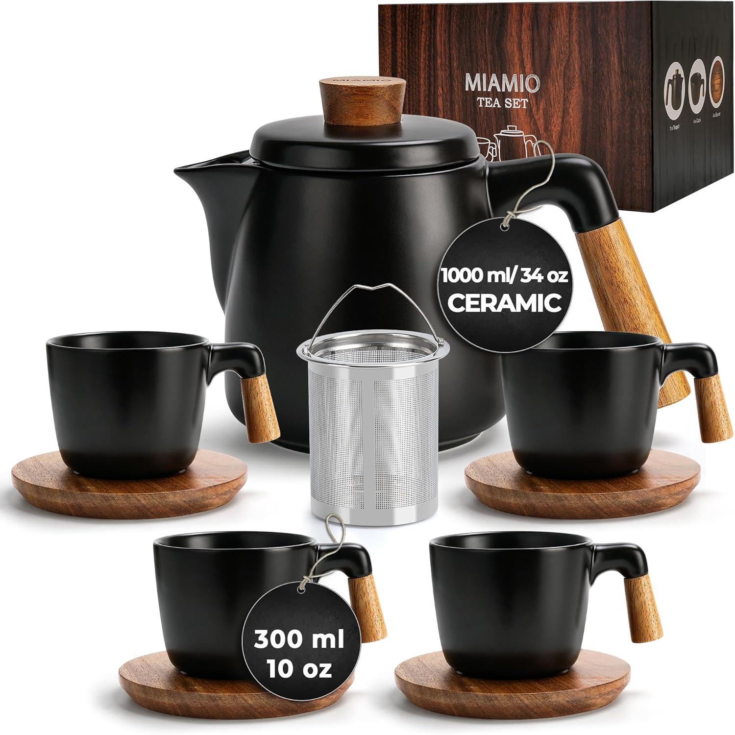 Black Ceramic Tea Pot Set with Bamboo Handle and Saucers