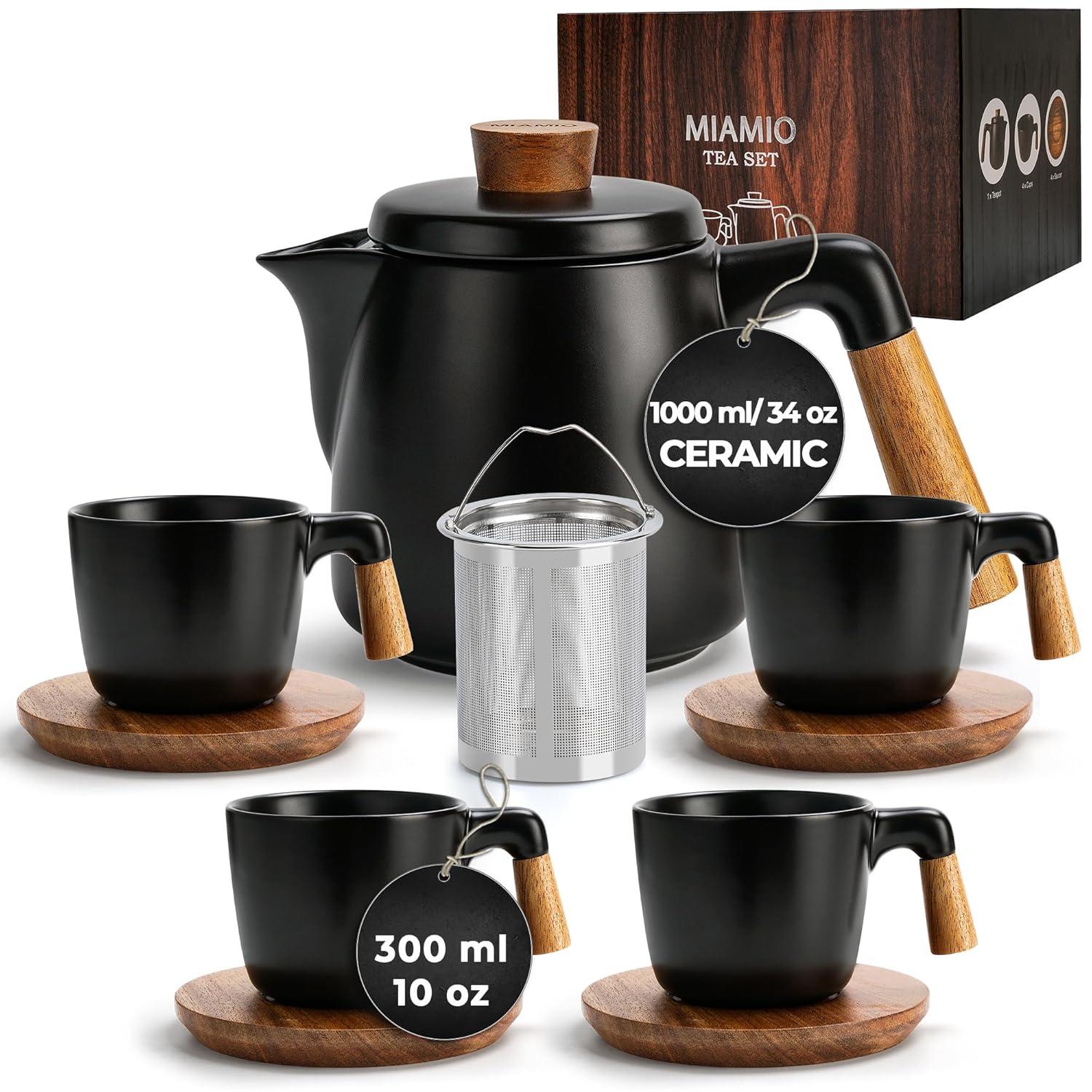Black Ceramic Tea Pot Set with Bamboo Handle and Saucers