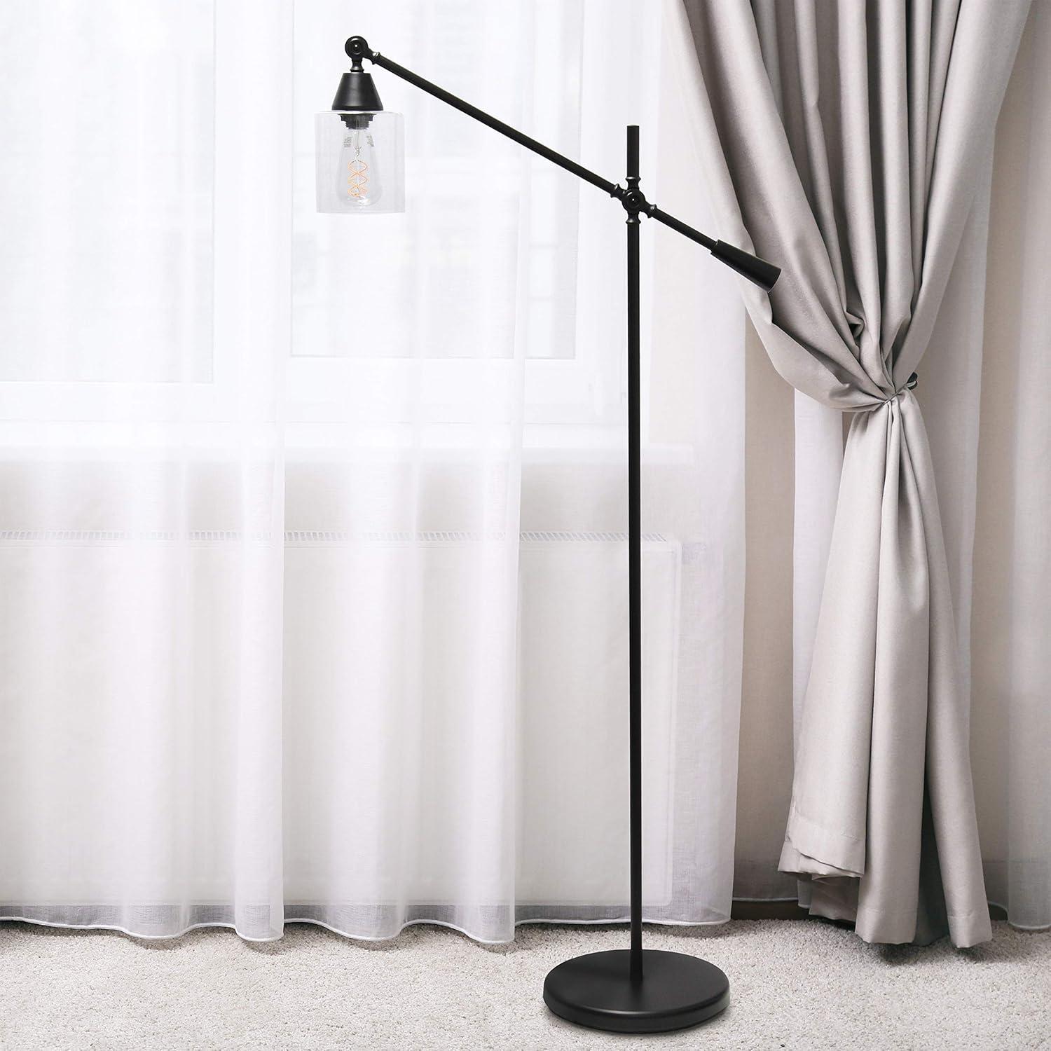 Elegant Designs 55.5" Pivot Arm Floor Lamp with Glass Shade, Black