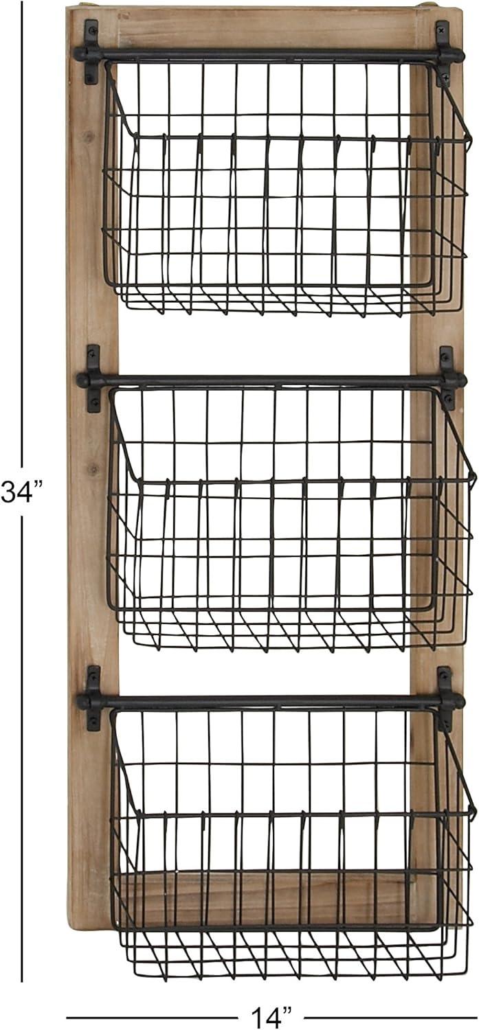 DecMode Black/Brown Farmhouse 3 Tier Hanging Metal Magazine Rack Holder, 14"W x 34"H