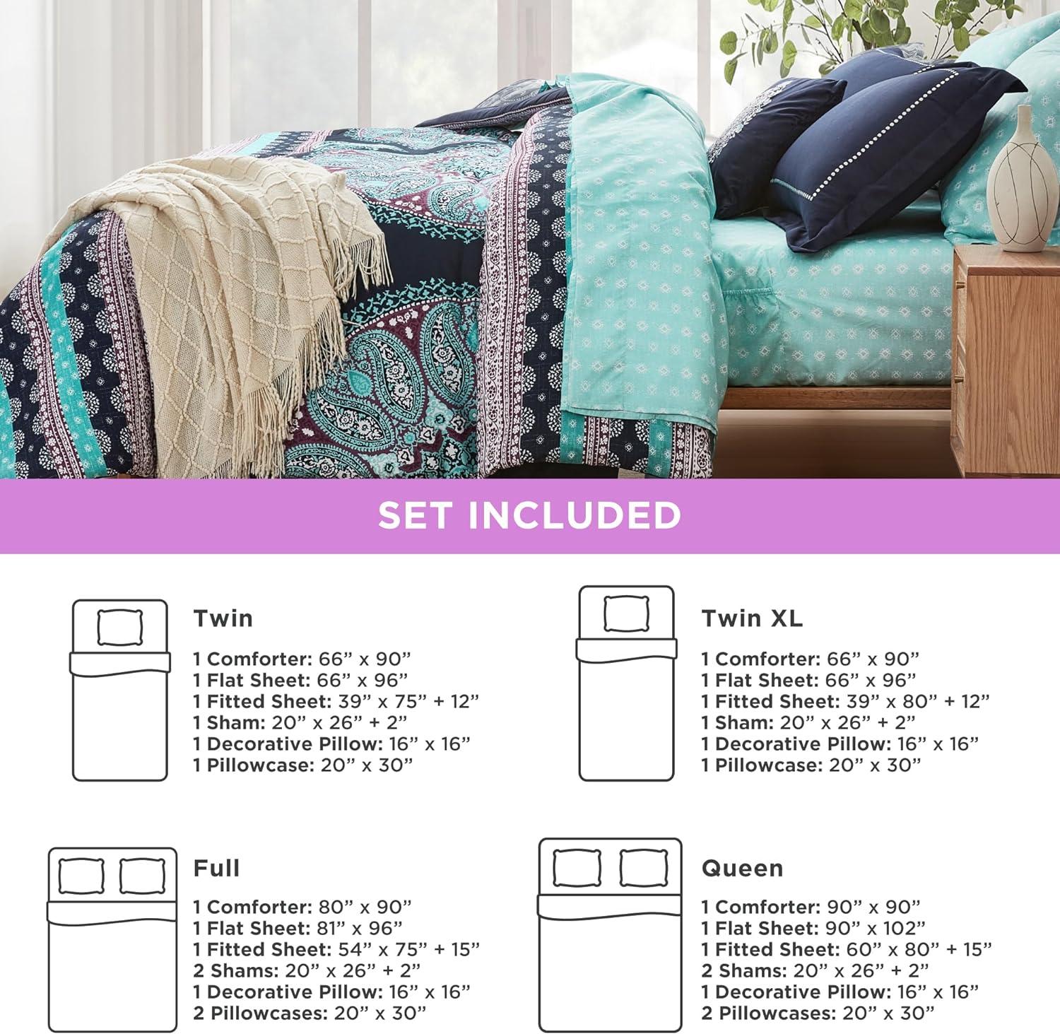Boho Coral and Aqua Microfiber Queen Bed-in-a-Bag Set