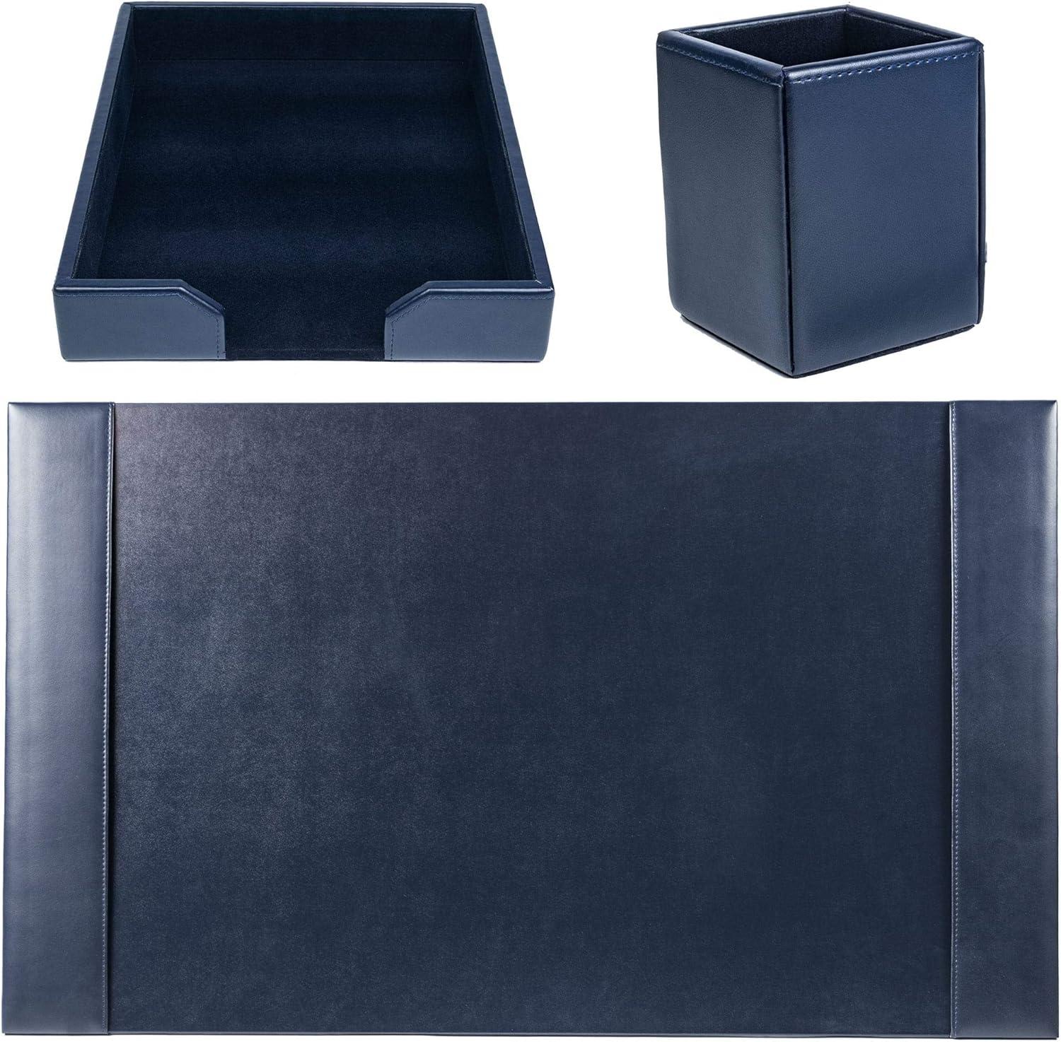 Navy Blue Bonded Leather 3-Piece Desk Set