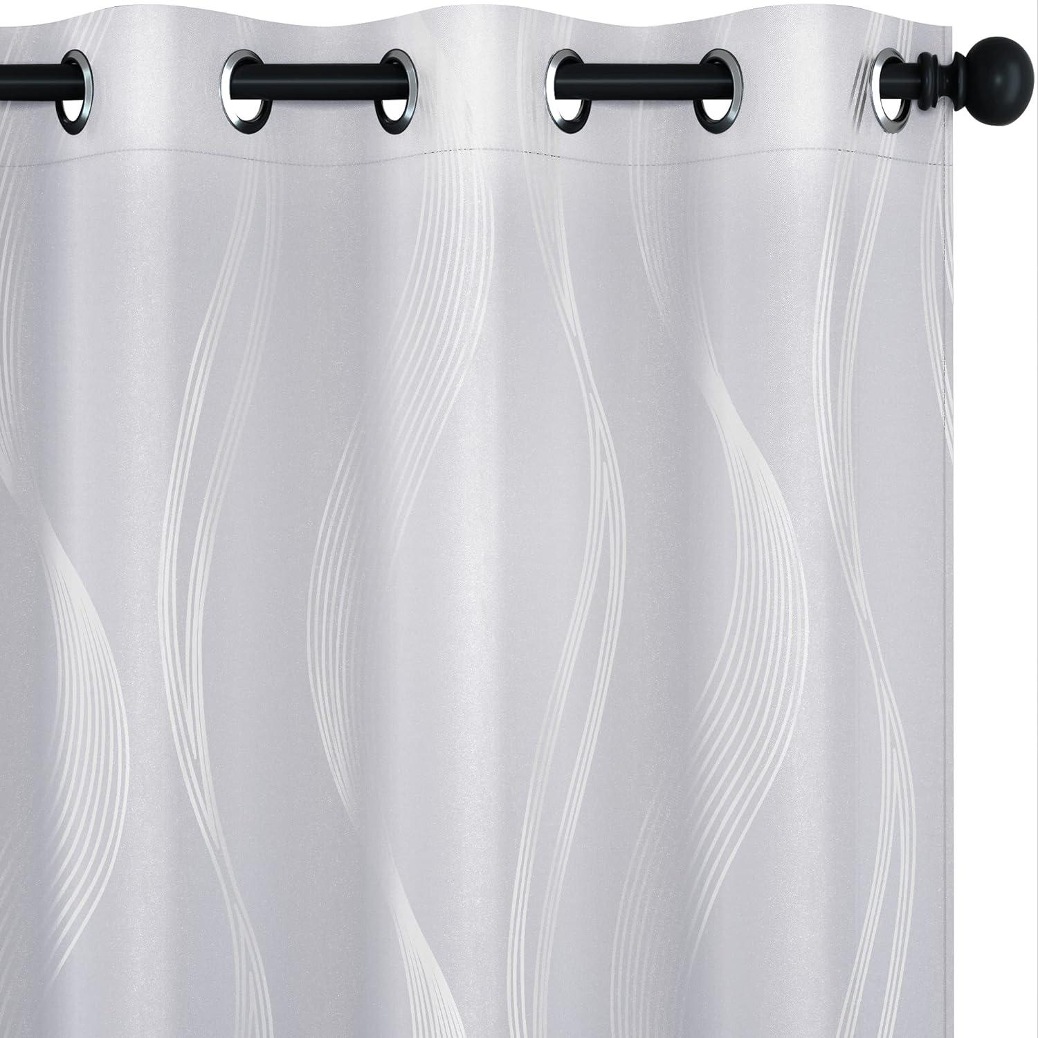 Deconovo Silver Wave Line Foil Printed Blackout Curtains Grommet Panels with 52x54 inch 1 Pair White