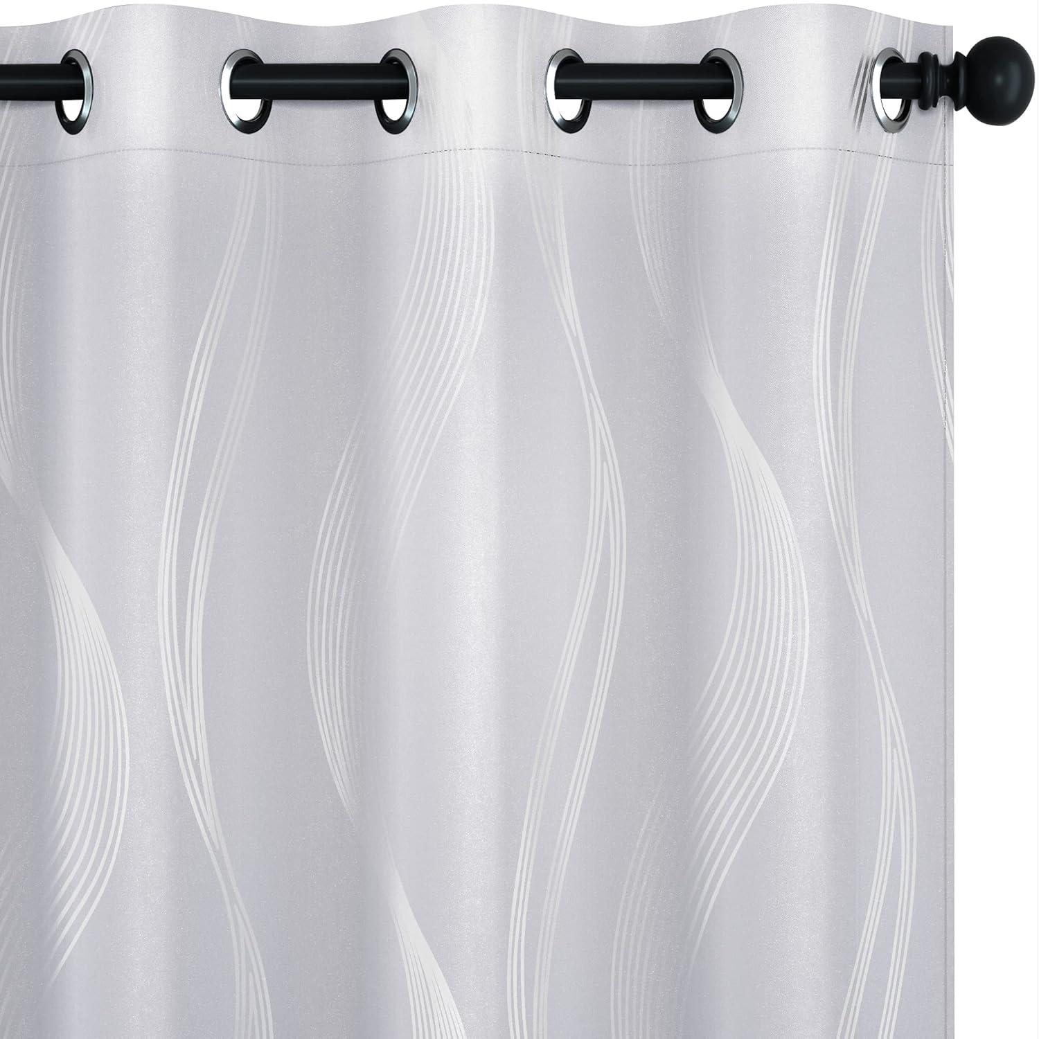 Deconovo Silver Wave Line Foil Printed Blackout Curtains Grommet Panels with 52x54 inch 1 Pair White