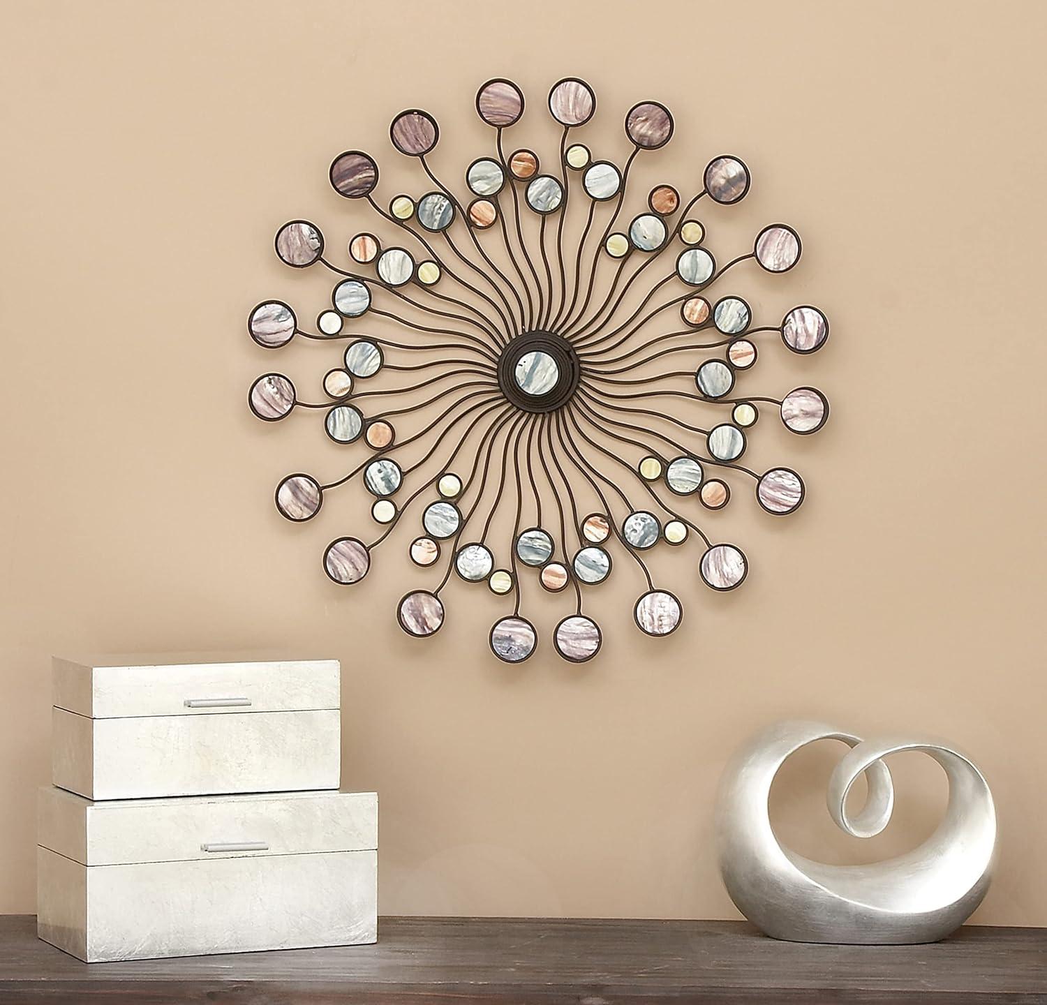 DecMode Multi Colored Metal Sunburst Wall Decor with Marble Inspired Accents