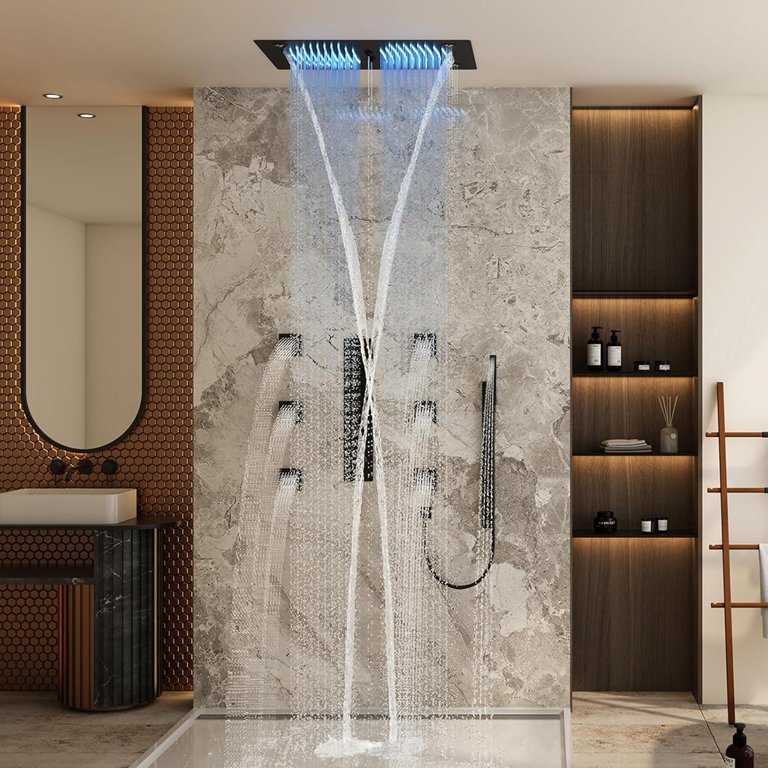 Rodeo 27.5-Inch LED&Music Rainfall Thermostatic Shower System with Slide Bar and 2-in-1 Handheld