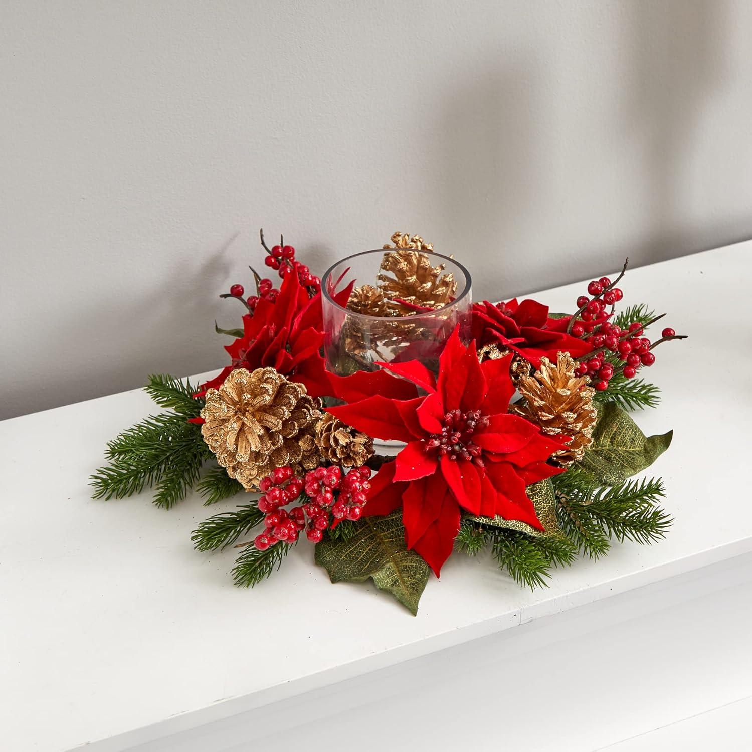 Nearly Natural Poinsettia, Berry and Golden Pine Cone Candelabrum Artificial Flower Arrangement