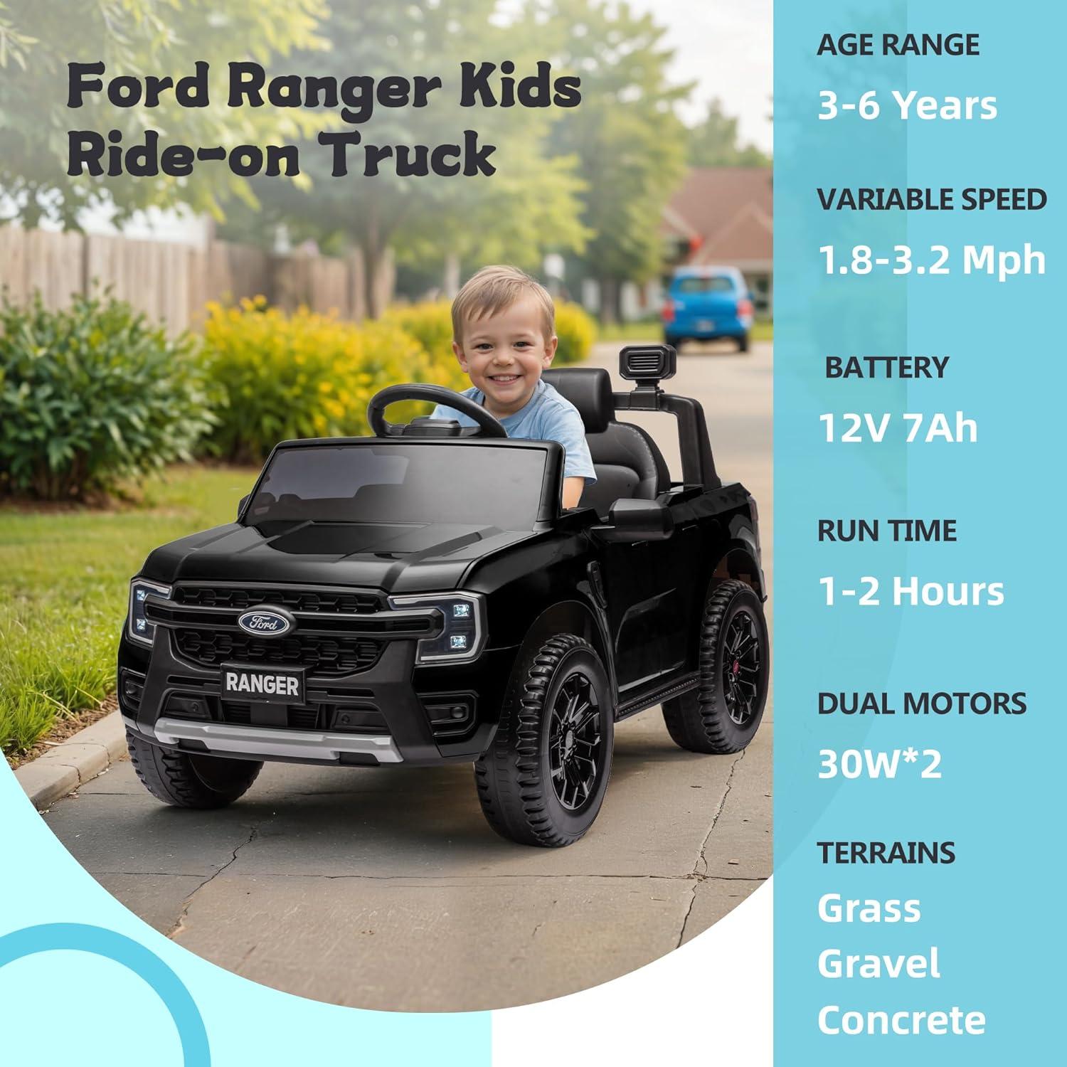 Ford Ranger Ride on Truck, 12V Powered Ride on Toy Cars with Remote Control, Bluetooth, MP3 Player, Safety Belt, LED Lights, Horn, Rear Wheels Drive Kids Electric Car for Boys Girls 3-6 Ages, Black