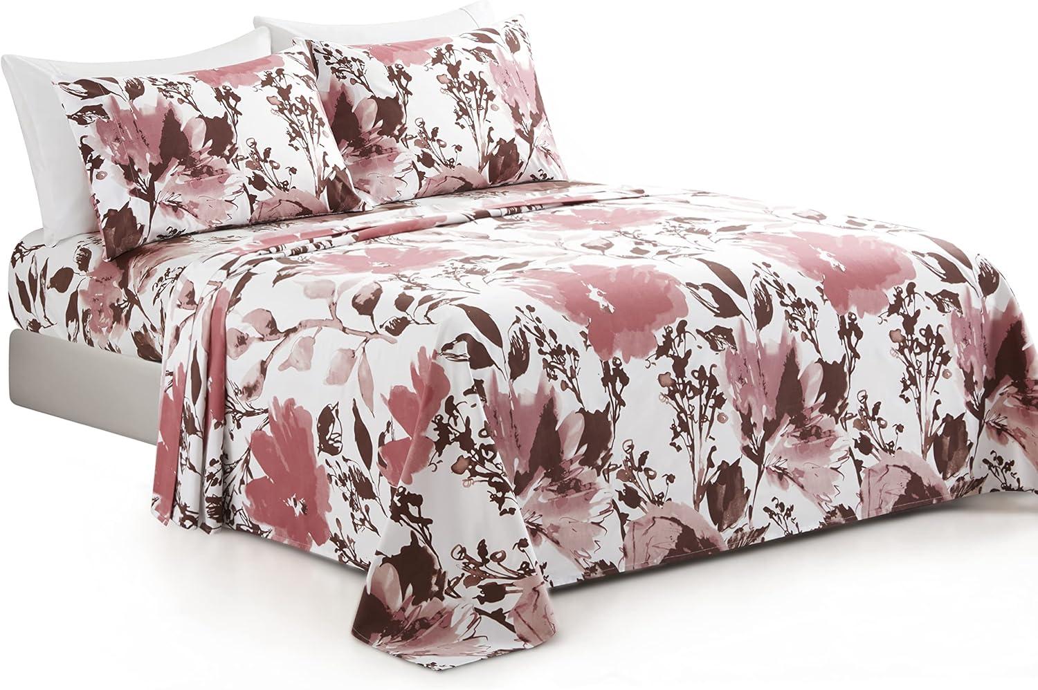 Queen Pink Floral Polyester Bamboo Deep Pocket Sheet Set