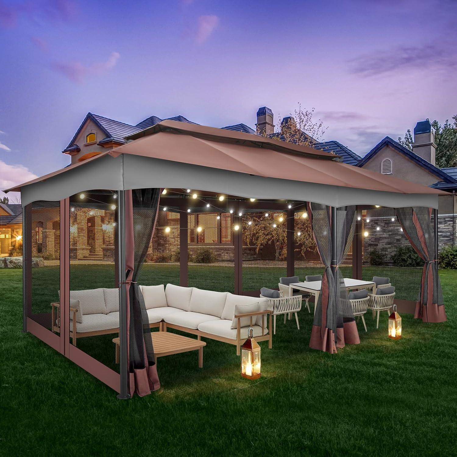 HOTEEL 10x20 Gazebo on Clearance, Outdoor Gazebo Tent with Mosquito Netting and Ventilated Double Flat Roof, Easy Set up Canopy Tent with Stable Metal Frame for Patio, Khaki (Upgraded 2.0)