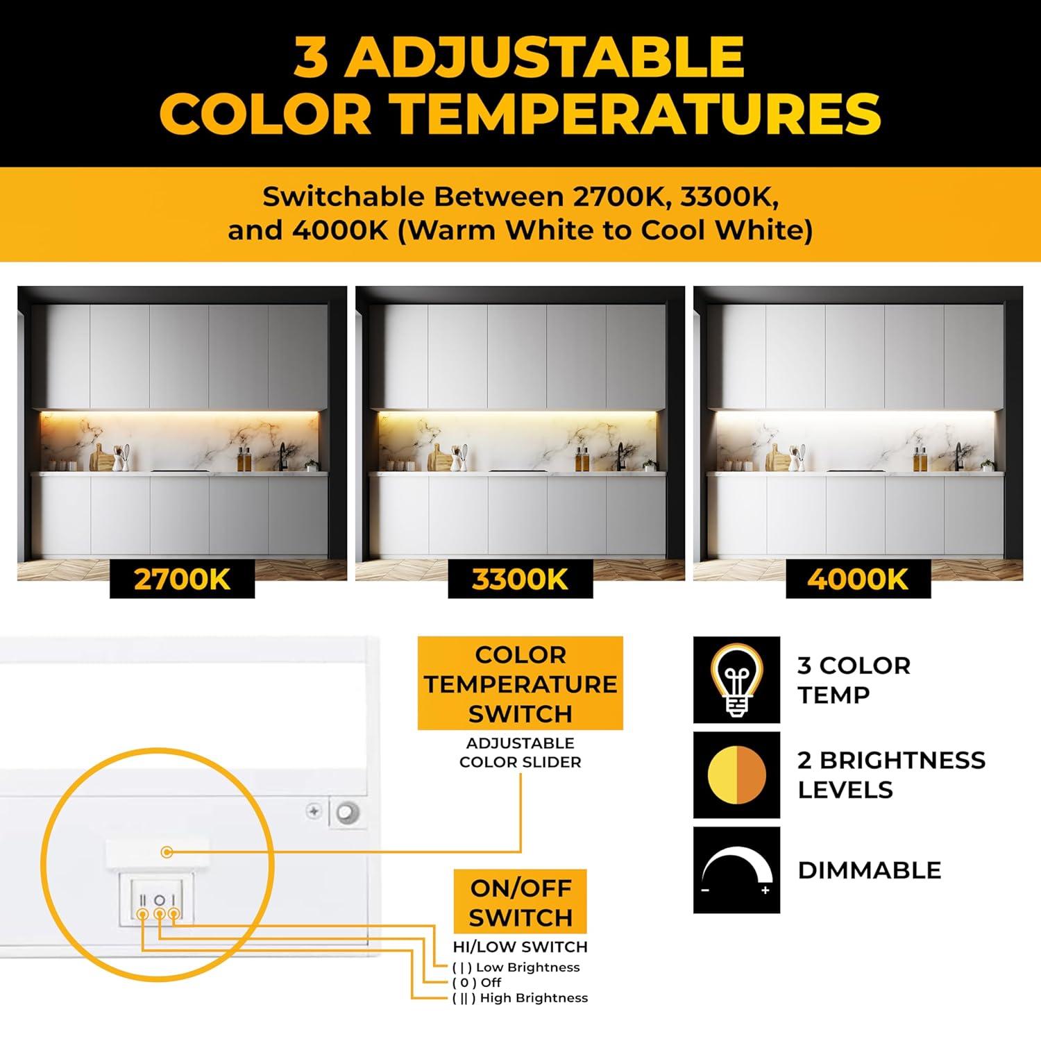 LED Under Cabinet Lighting Hardwired - Linkable Undercabinet Lights for Kitchen - 3CCT 9 Inch White Finish - Undercounter Dimmable Plug in Light or Hard Wired - Under Counter Fixture Direct Wire