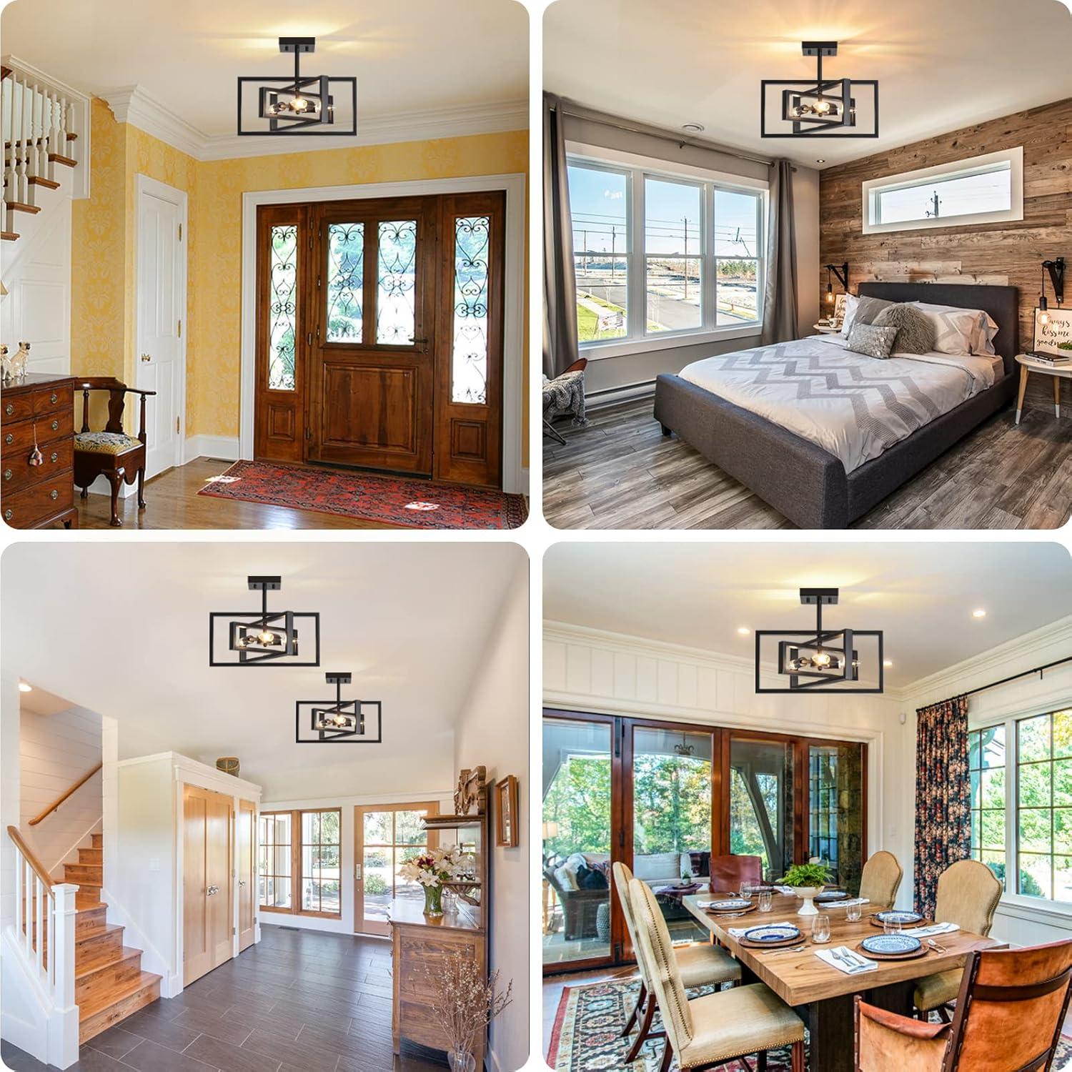 Black Semi Flush Mount Ceiling Light Fixture, 3-Light Modern Farmhouse Ceiling Light, Industrial Metal Chandelier Ceiling Lamp for Kitchen Entryway Bedroom Foyer Hallway, E26 Socket