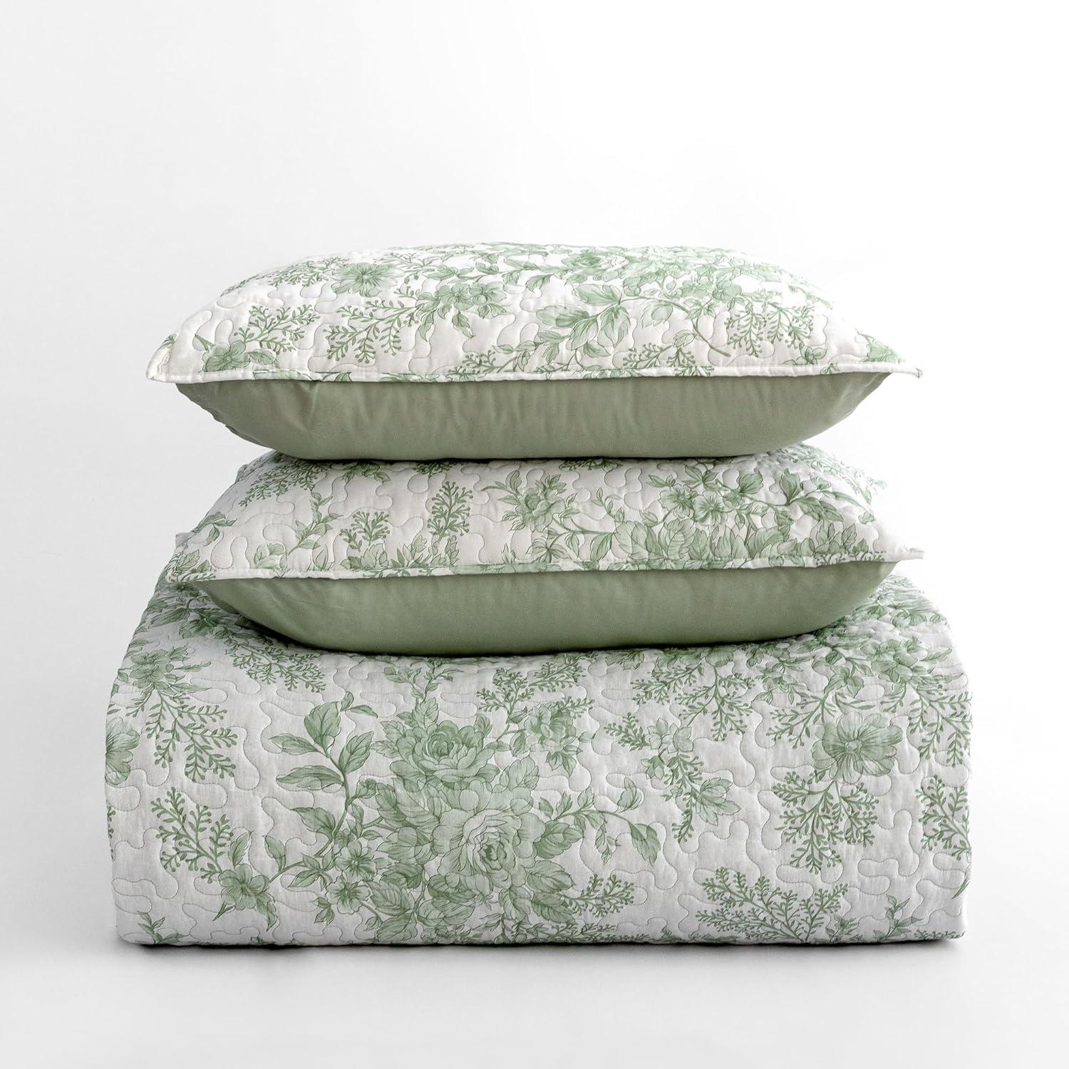 Sage Green Floral Cotton King Quilt Set