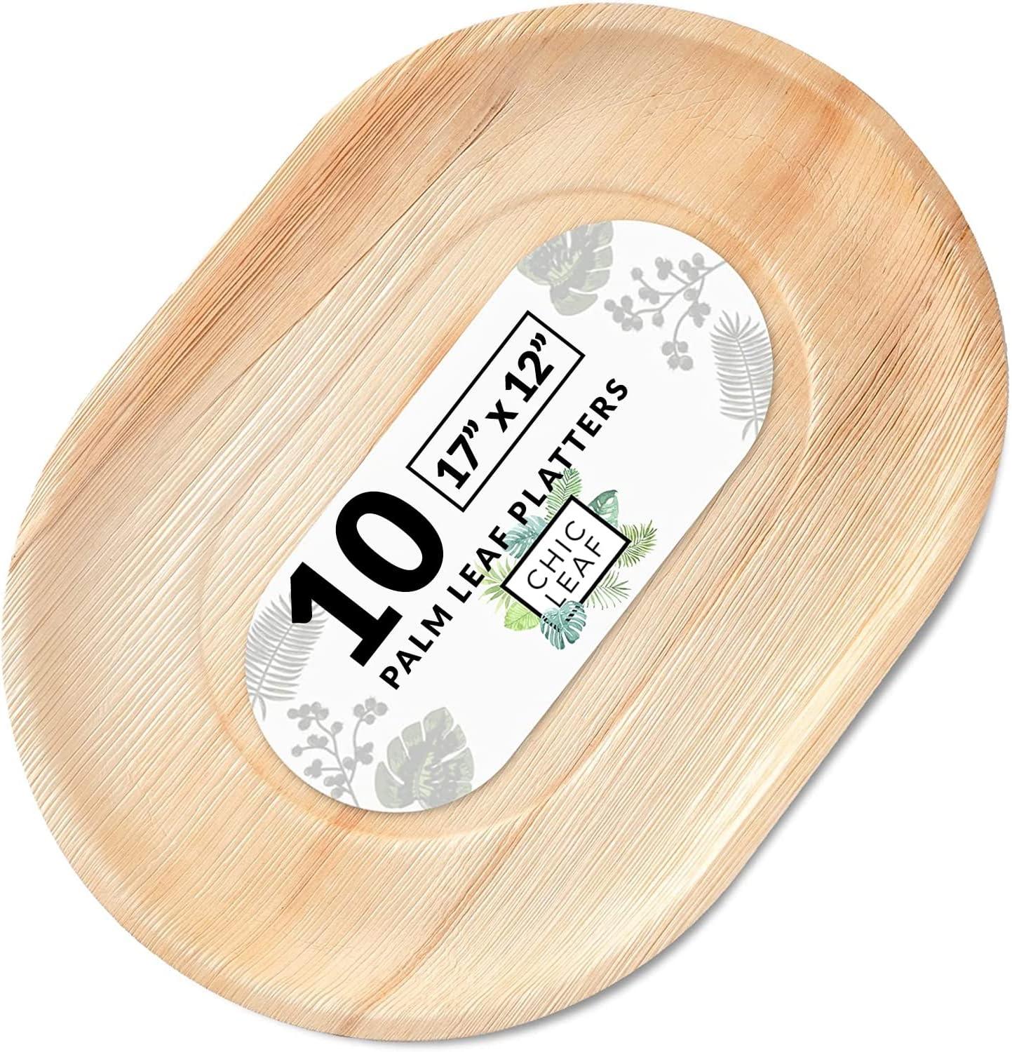 Chic Leaf Disposable Palm Leaf Trays, 17" x 12", 10 Pack, Compostable, Eco-Friendly Platters Charcuterie Board